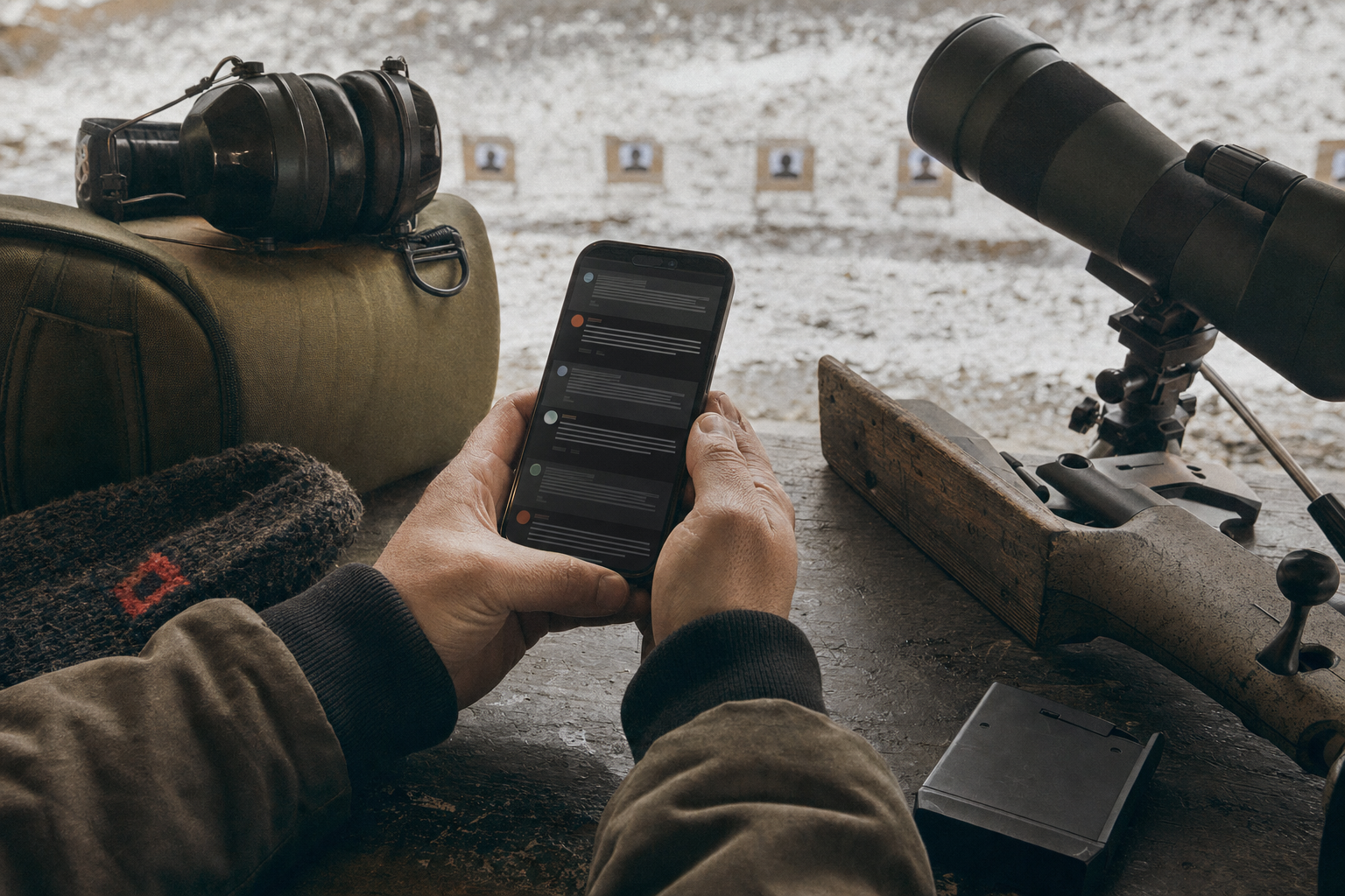 Hands at a range bench looking at an active Canadian rifle discussion beside range gear.