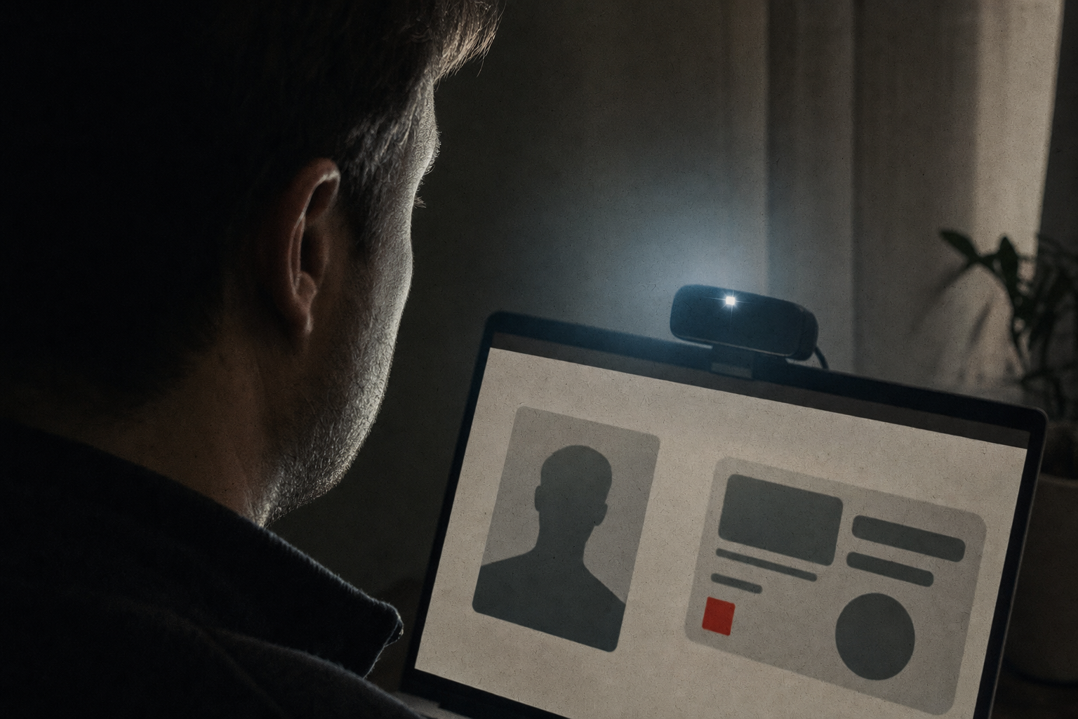 An online checkout screen with abstract ID-card shapes and a webcam glow.