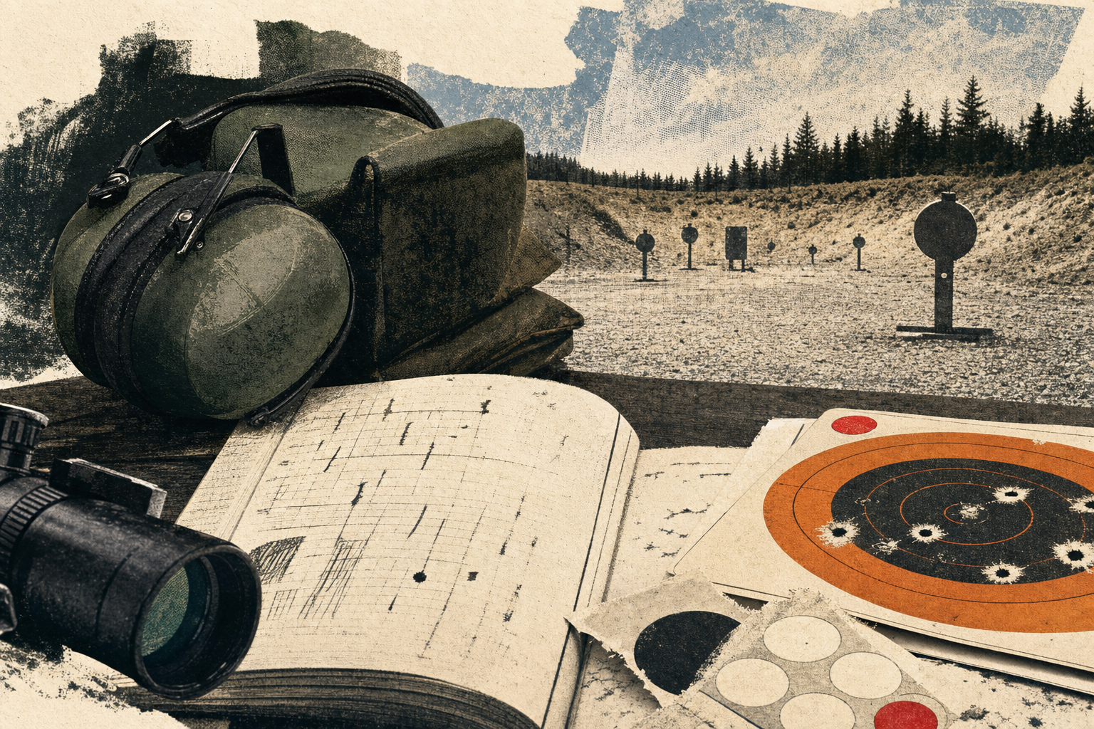 A range notebook, ear protection, target card, and distant rimfire steel targets at a Canadian range.