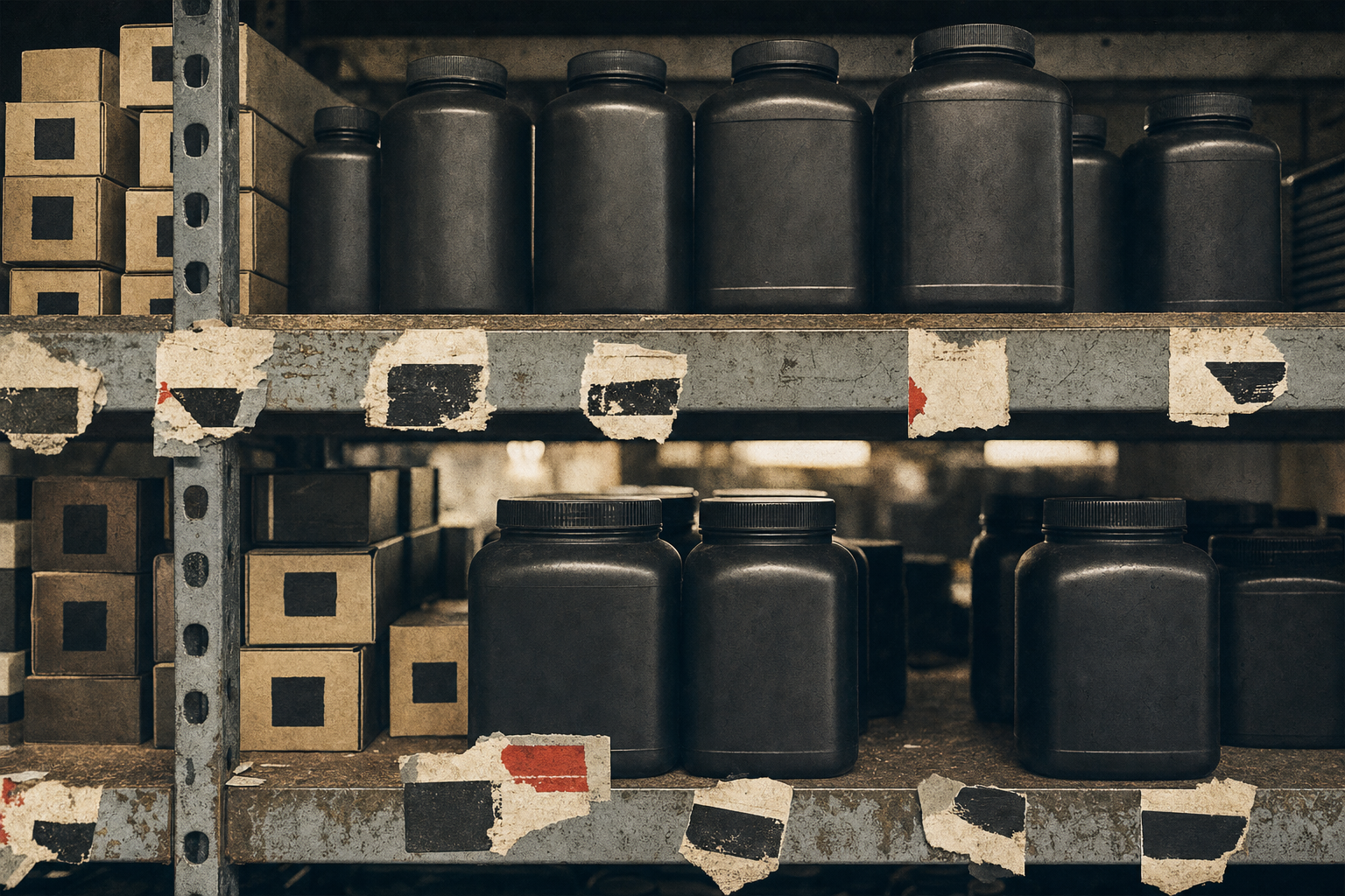 An abstract component shelf with unbranded powder jugs and torn price marks.