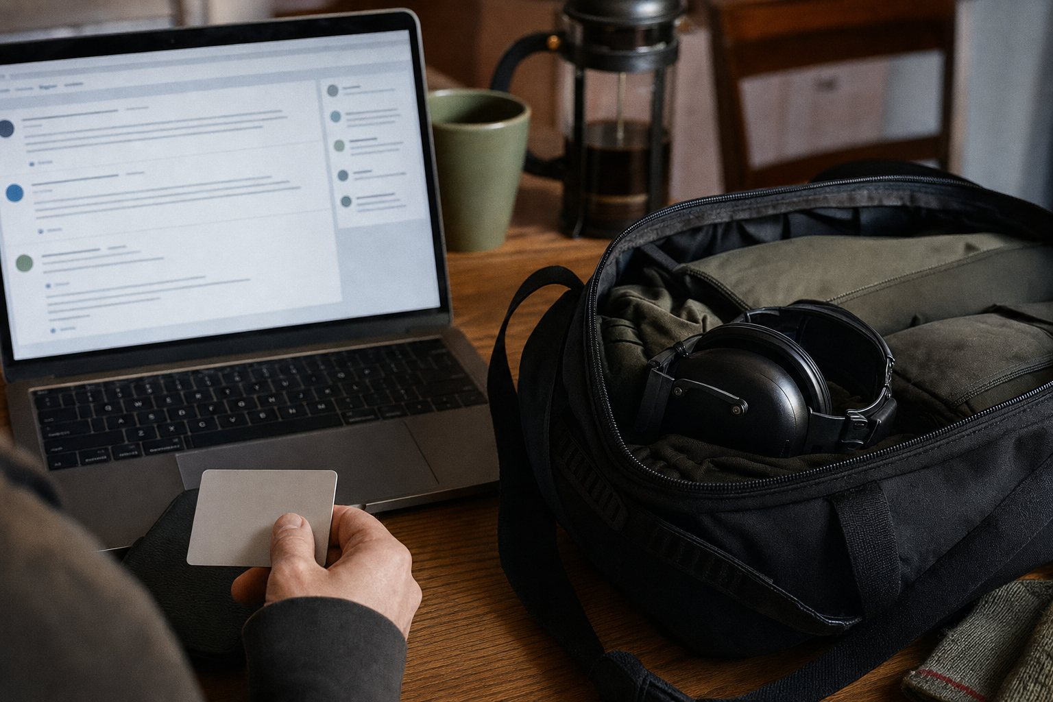 A kitchen table with a laptop showing an abstract forum thread and a packed range bag nearby.