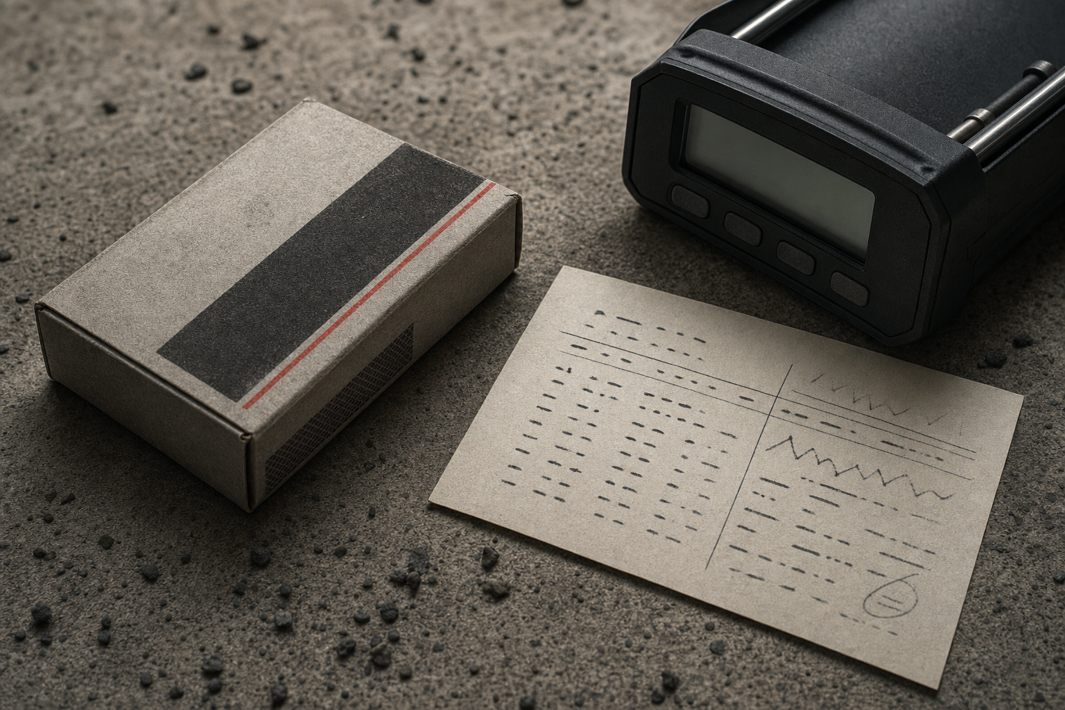 A closed factory match box and abstract lot record beside a chronograph.