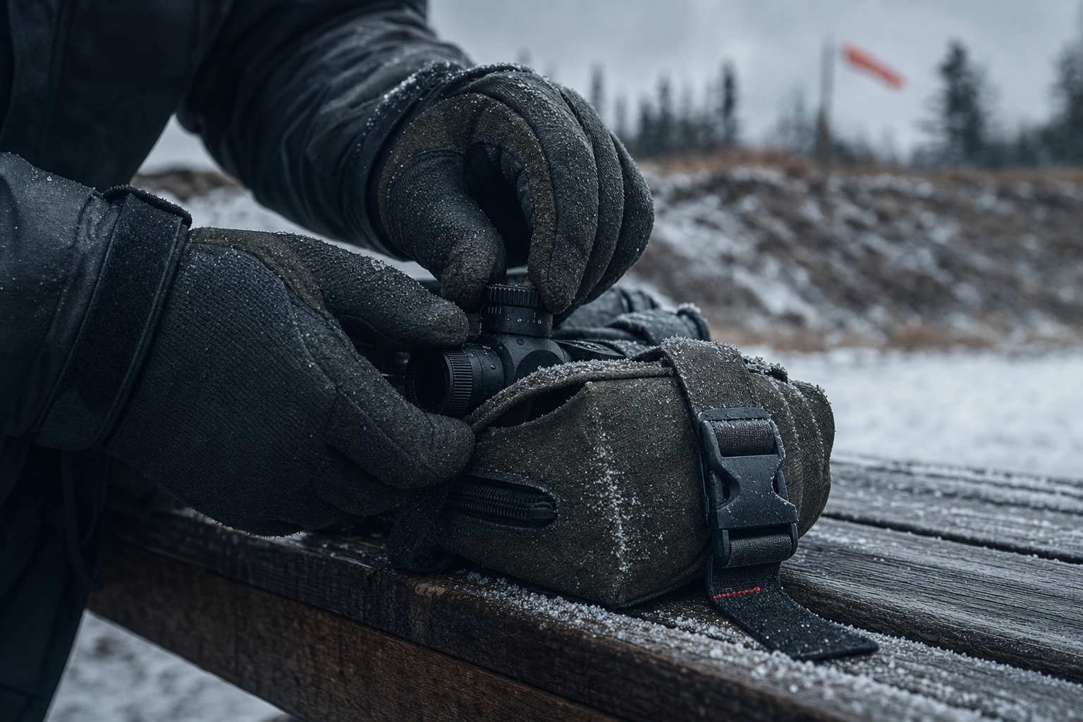 Gloved hands working range gear in cold weather.