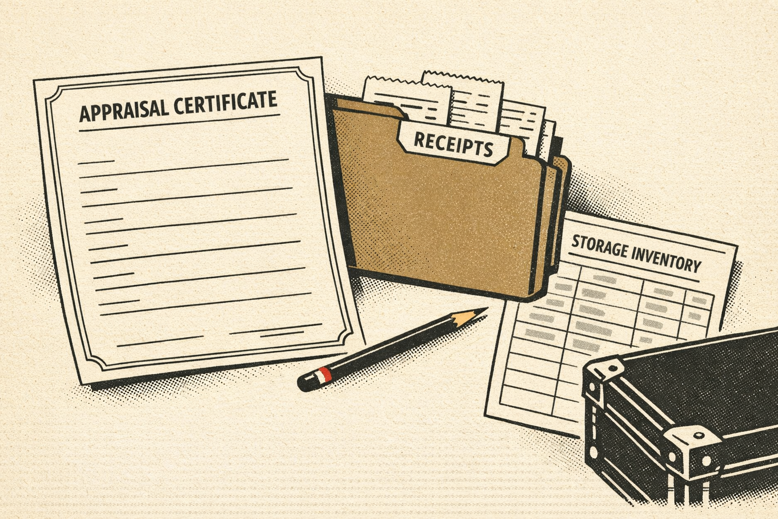 A blank appraisal certificate, receipts, and storage inventory sheet on cream paper.