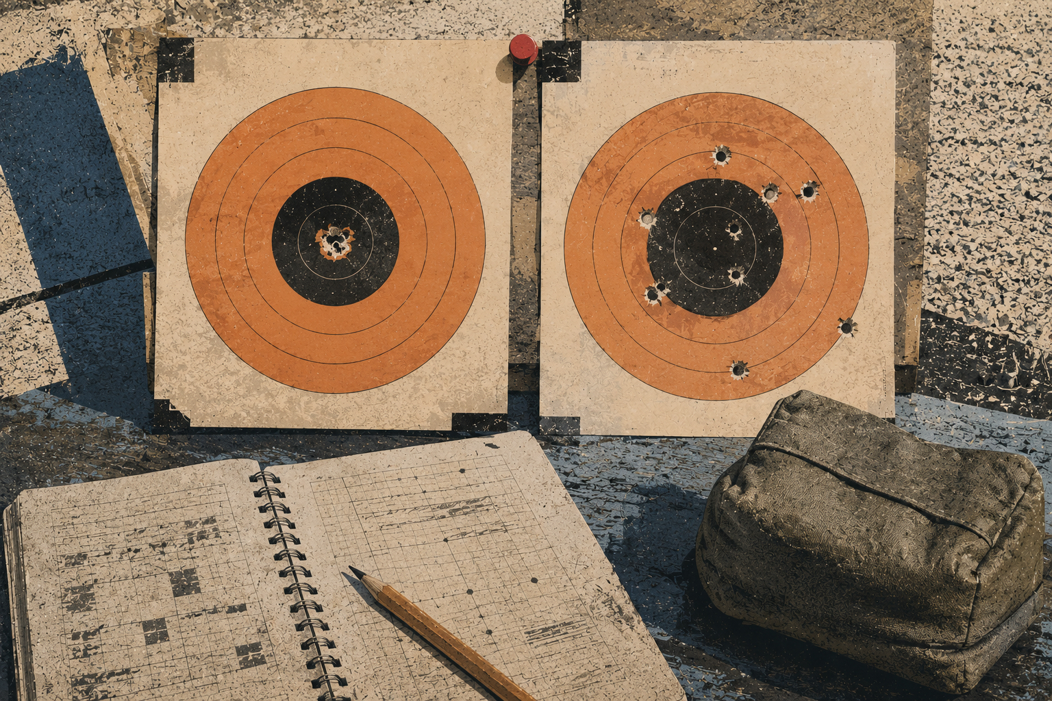 Two 100-yard target cards, one tight and one loose, beside a range notebook and rear bag.
