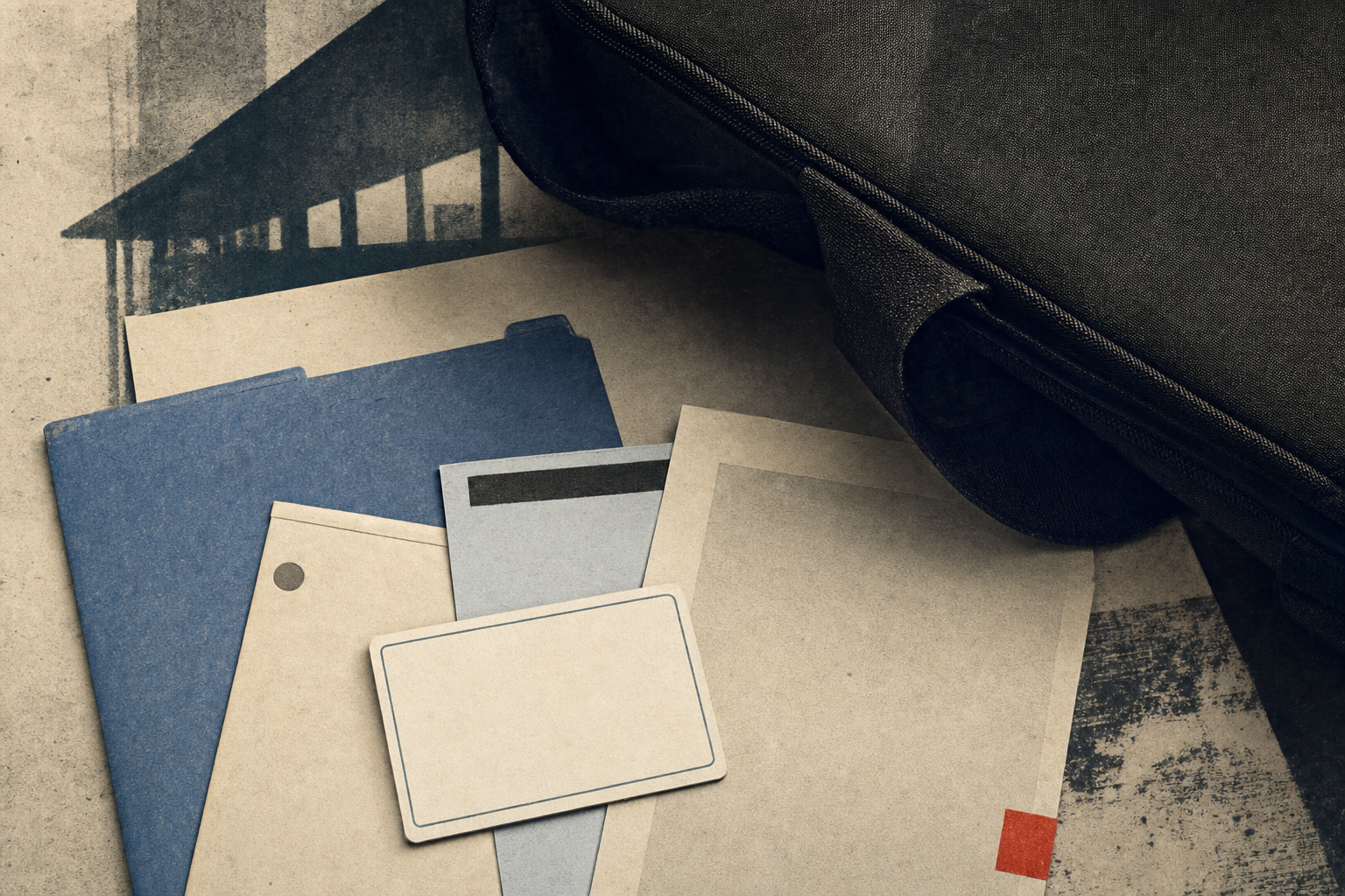 A blank licence card, transfer reference slip, renewal notice, receipt folder, and closed range bag.
