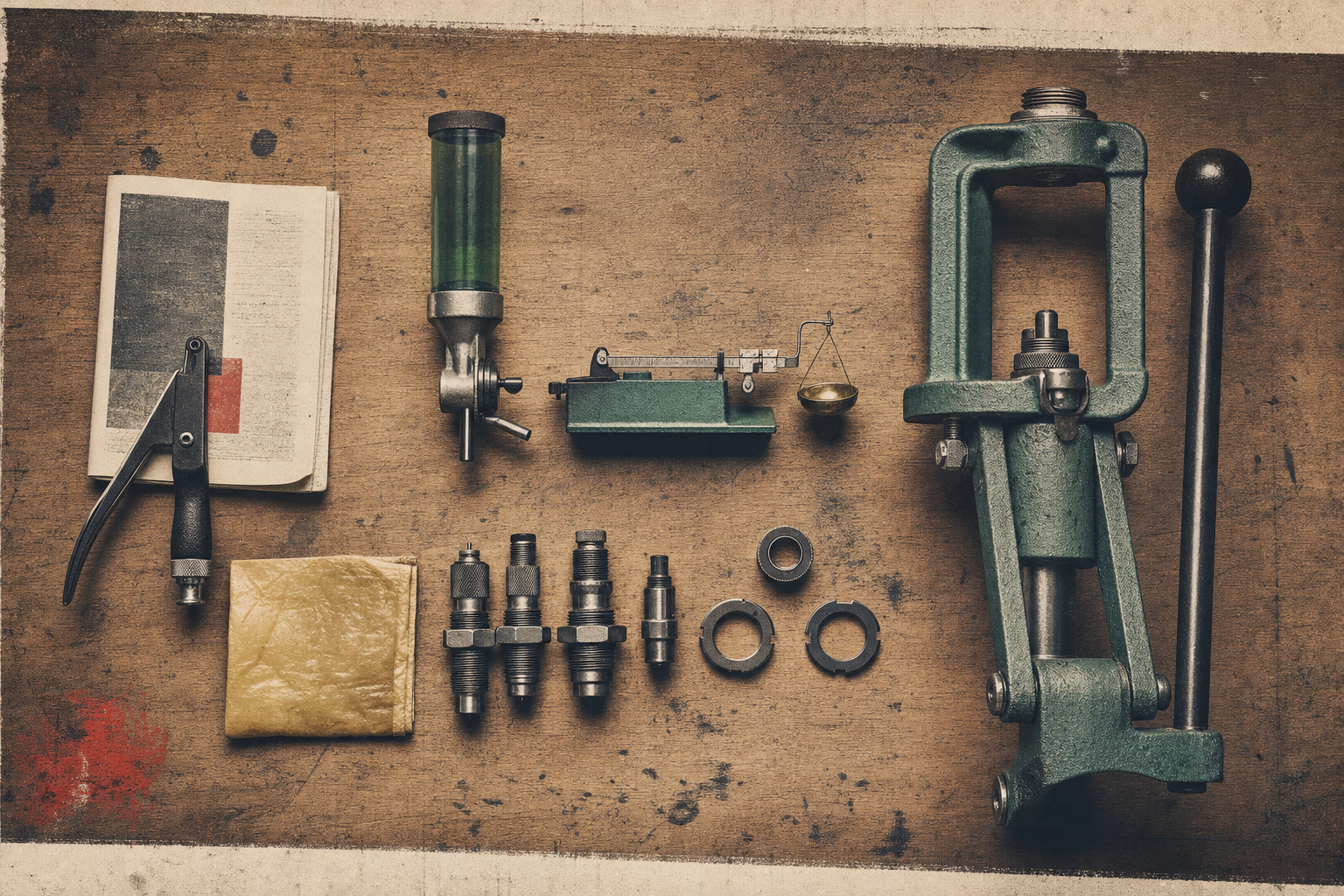 Overhead arrangement of an RCBS Rebel single-stage press starter kit, items laid out in rows on a warm wooden bench surface, with the press, powder measure, beam scale, hand priming tool, dies, lock rings, case lube pad, and a paper booklet visible.