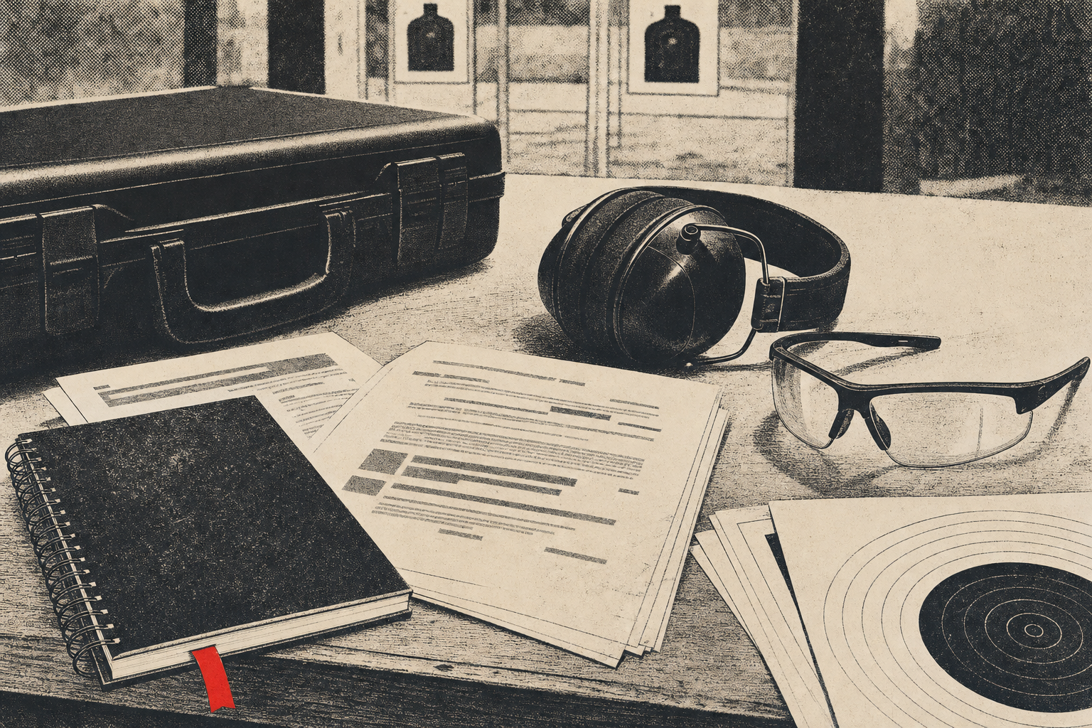 A newer shooter's table with PAL notes, hearing protection, paper targets, and a closed case.