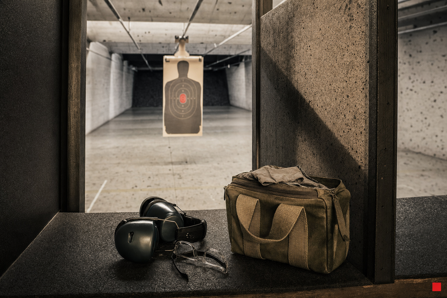 A beginner's first range threshold with target backers, ear protection, and simple kit.