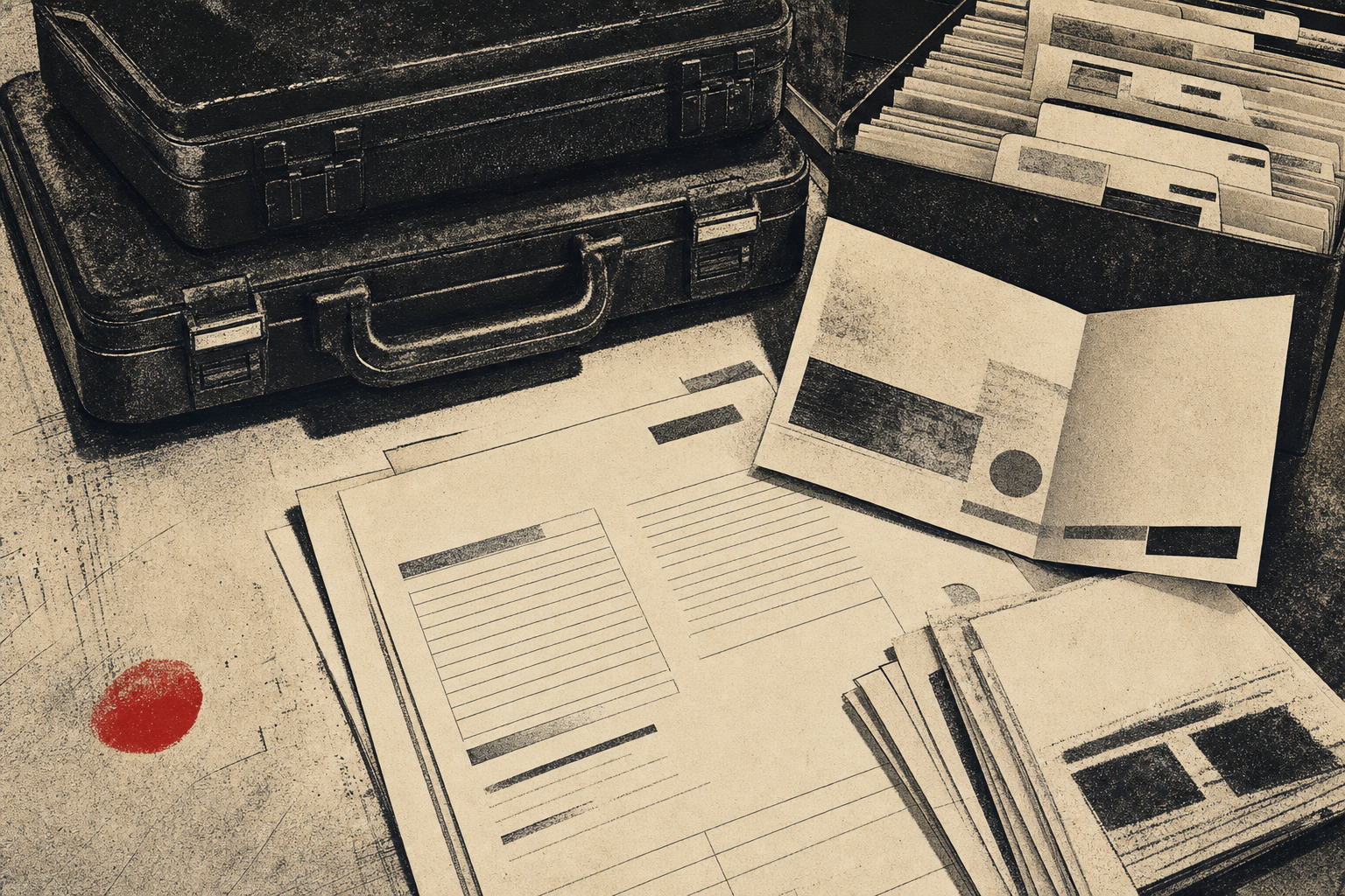 A business donor table with invoice sheets, closed cases, and abstract inventory tabs.