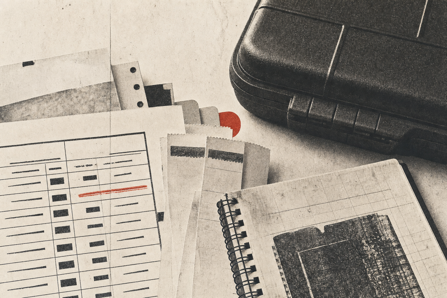 A compensation list row beside receipts, a range notebook, accessory tabs, and a closed PCC case.