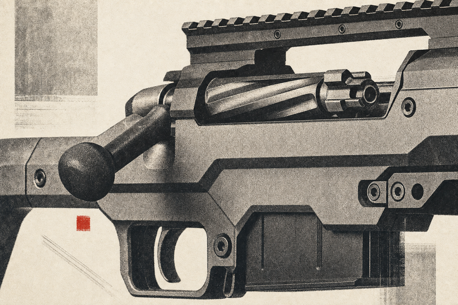 Close editorial detail of a three-lug bolt, chassis hardware, top rail, and trigger guard on cream paper.