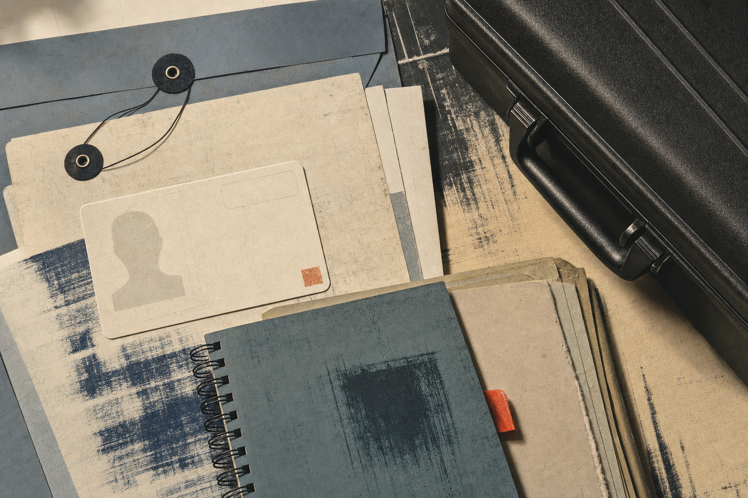 A blank PAL-card silhouette, course report, range notebook, receipt folder, and closed case.