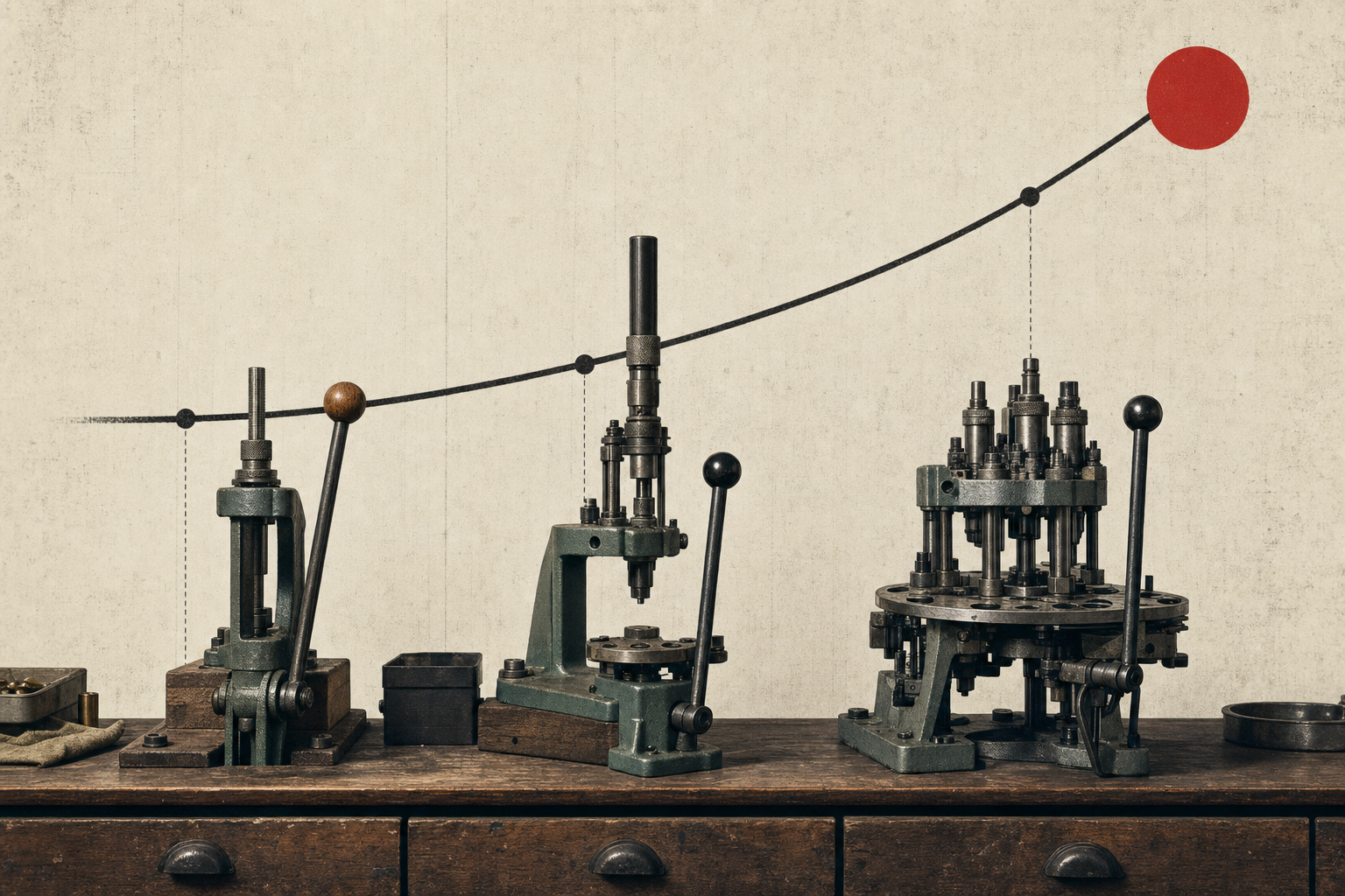 Editorial image of three reloading equipment tiers represented by bench tools and a cost curve.