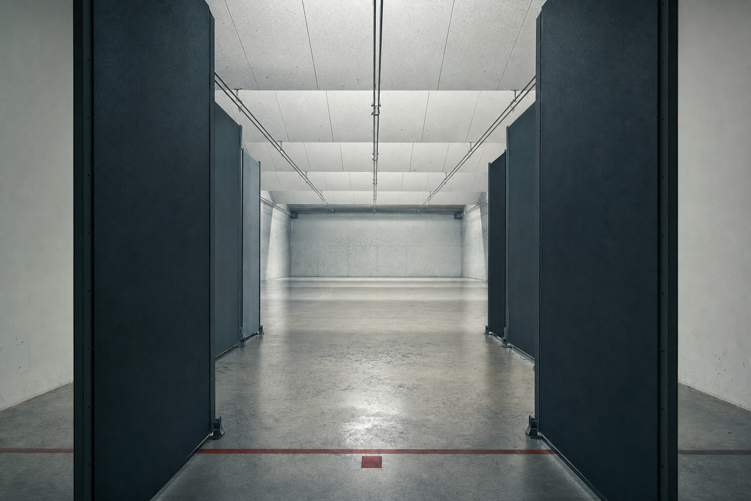 An empty indoor range lane with cold overhead light, blank lane dividers, and no weapon-like shapes.