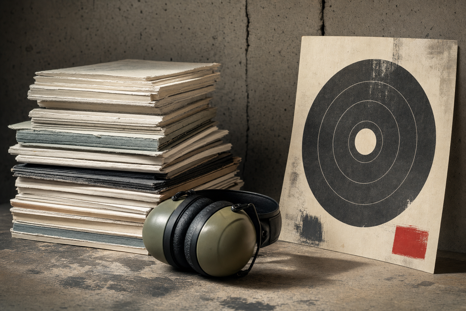 An abstract Canadian source stack beside hearing protection and a target card, all text removed.