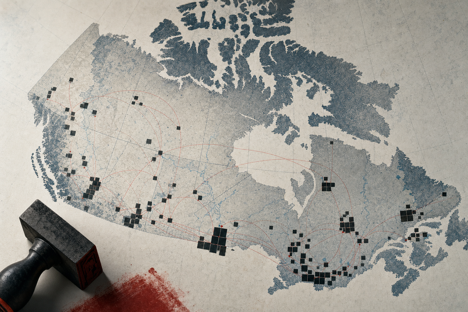 An abstract data map of Canada with declaration blocks and collection route marks.
