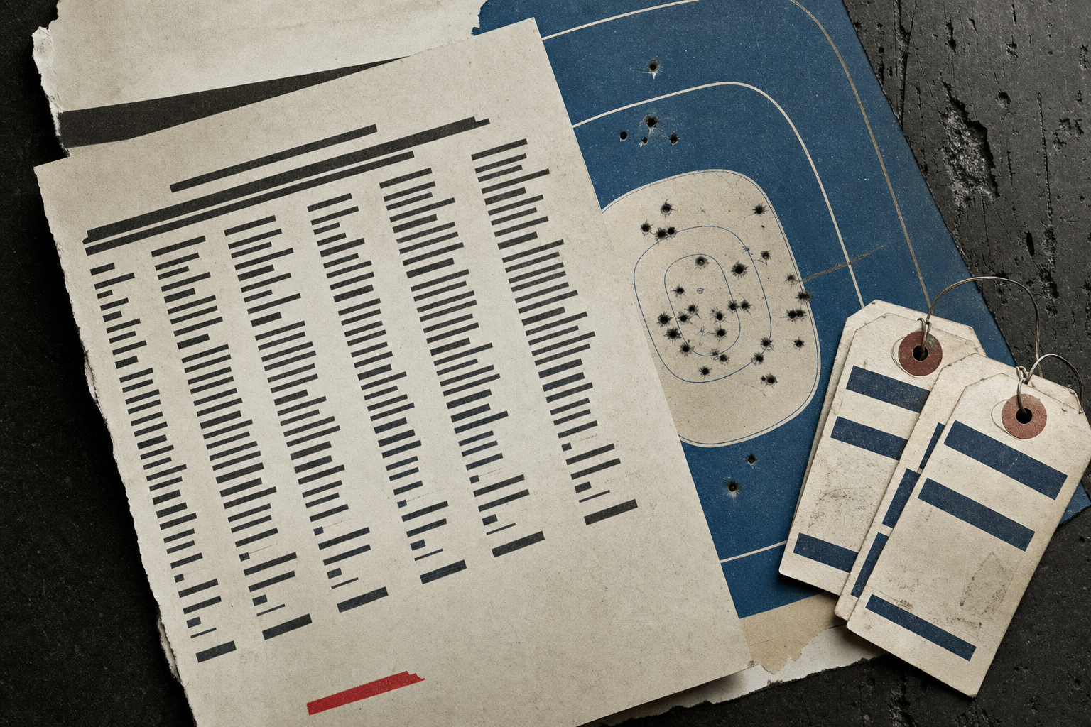 An abstract official model list over a range target card and retailer inventory tags.