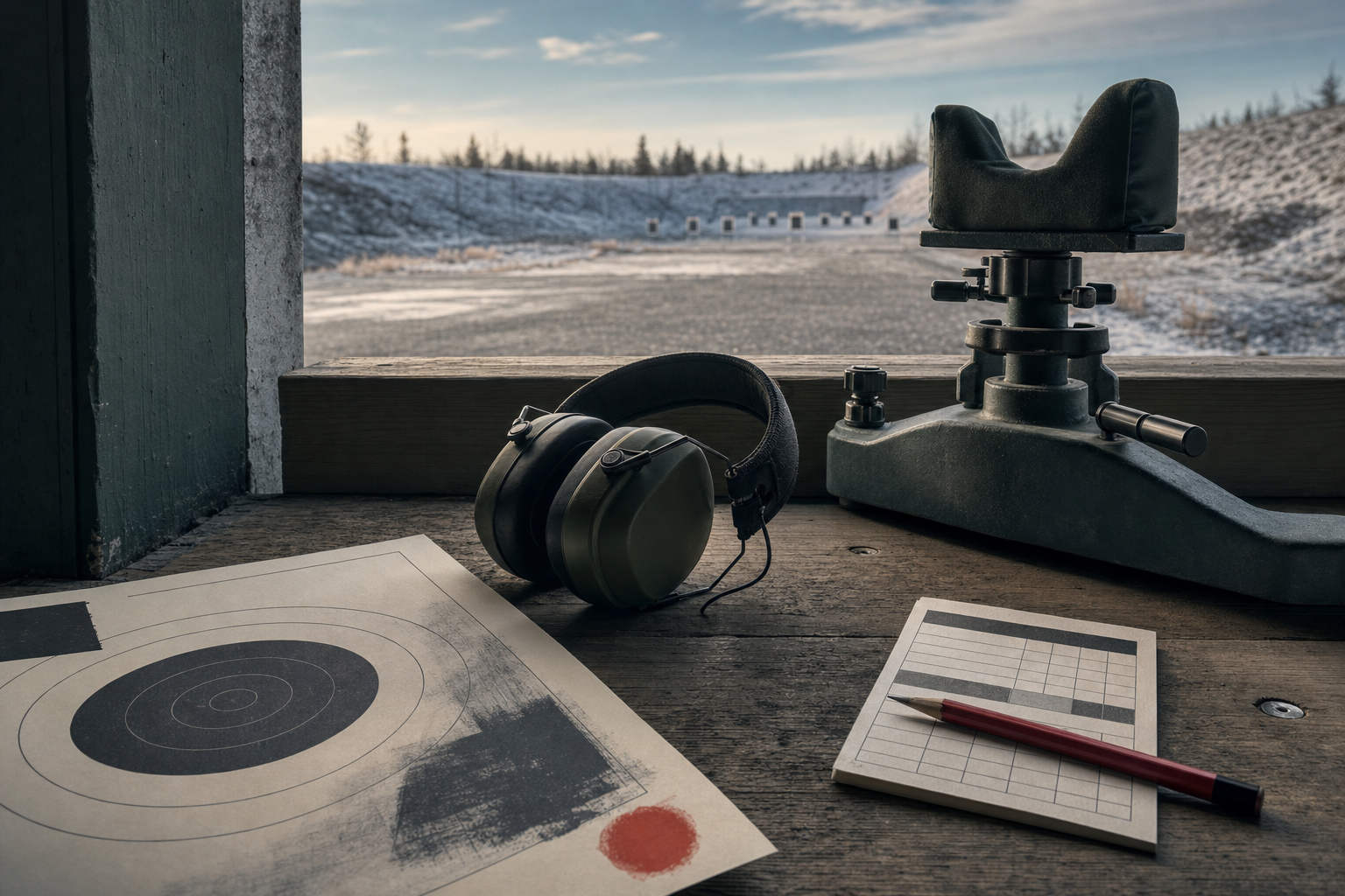 A quiet Canadian range bench with legal ownership notes, target card, ear protection, and no visible firearm.