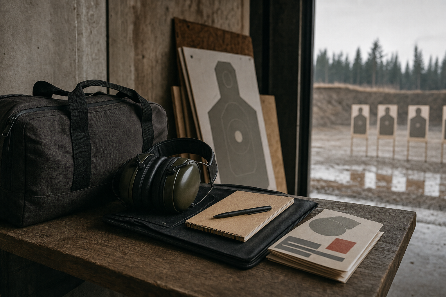 A quiet Canadian range sign-in area with hearing protection, a range bag, target backers, and course materials with no readable text.