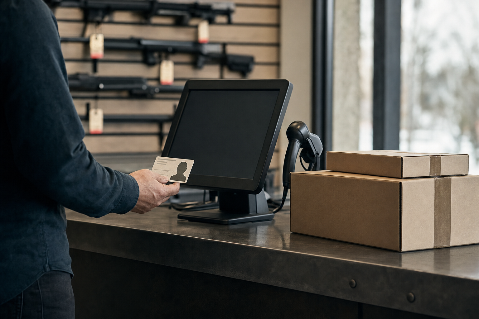 A retailer counter with blank screen, ID-card silhouette, and parcel boxes.