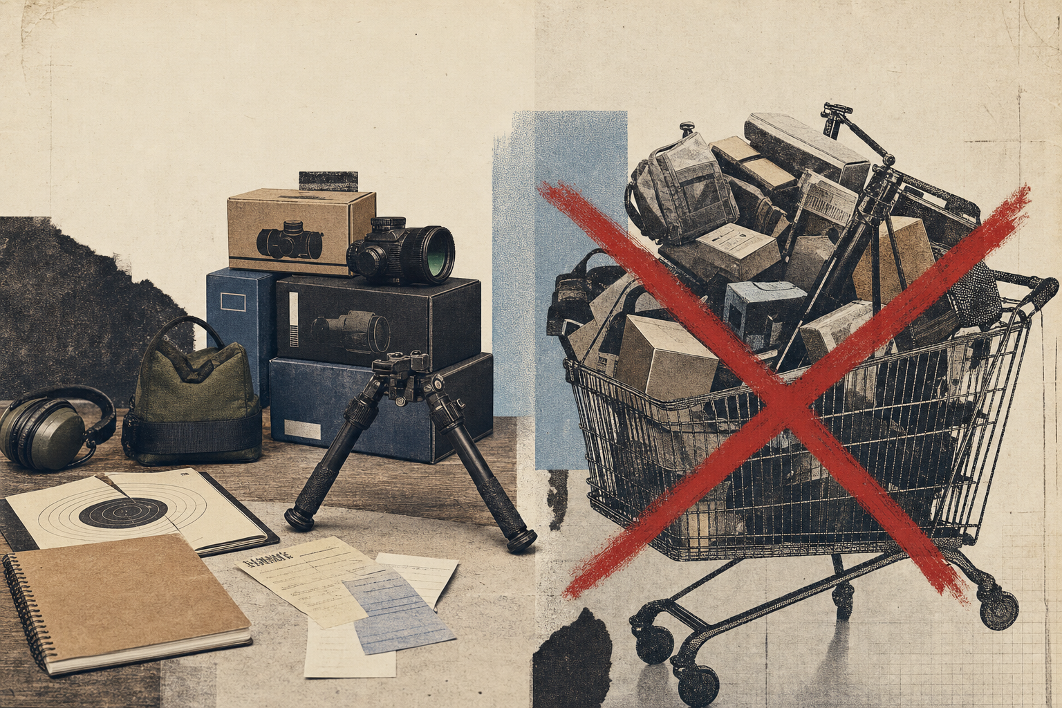A restrained editorial collage of rimfire gear choices, optic boxes, bags, bipod legs, and a crossed-out overstuffed shopping cart.