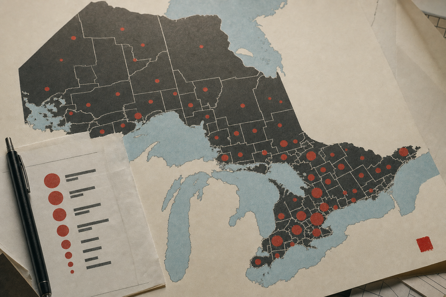 A data-led Ontario map and declaration count shown without readable numerals.