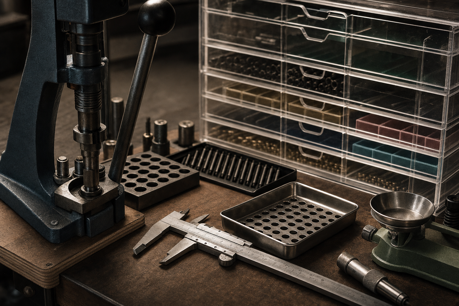 A precision reloading bench with a press, empty brass trays, calipers, and acrylic drawer shapes.
