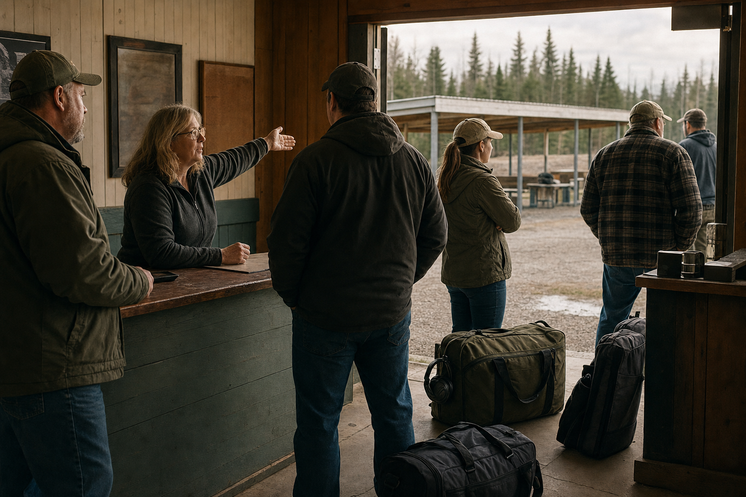 A Canadian range clubhouse sign-in area with ordinary adults and no readable signage.