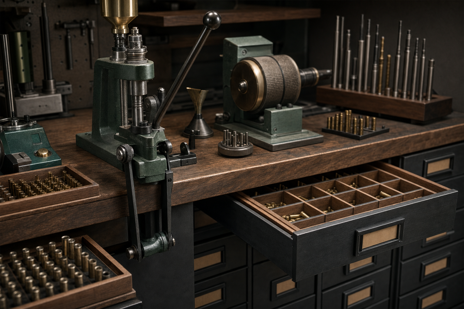 A precision reloading bench with press, brass trays, and non-readable drawer labels.