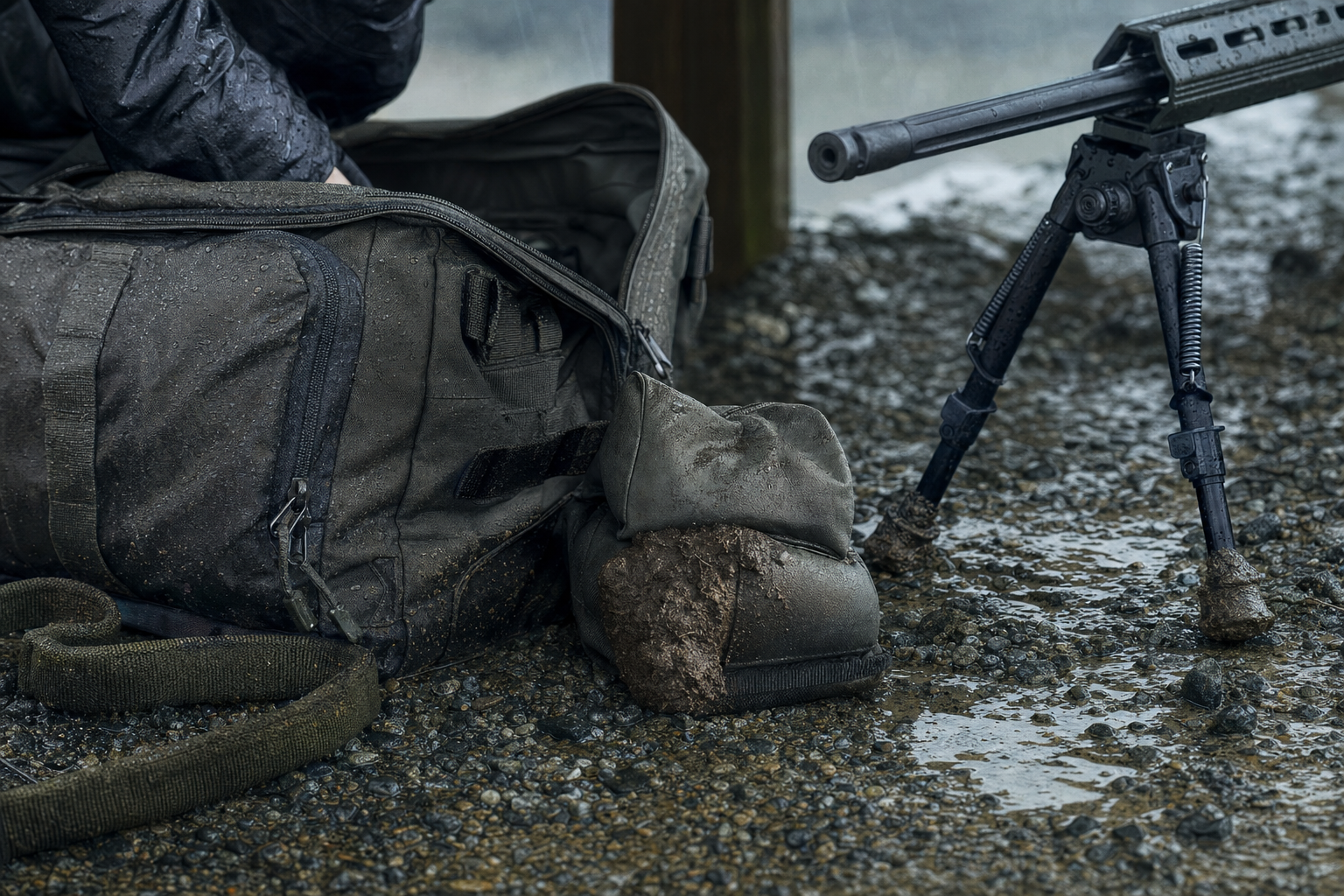 A range bag, bipod feet, and rear bag in wet gravel and mud.