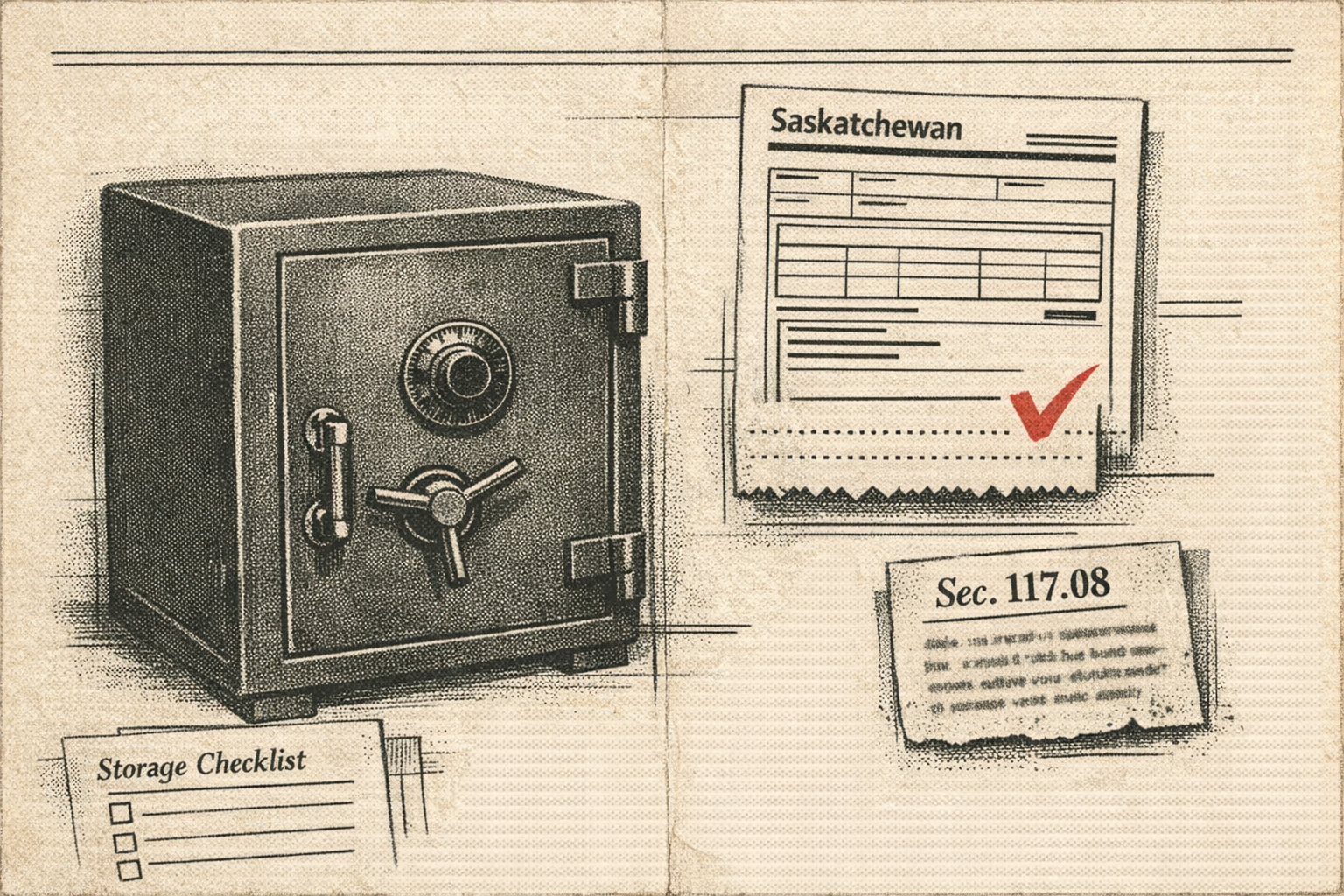 A closed safe, a Saskatchewan service form, and a Criminal Code reference note.