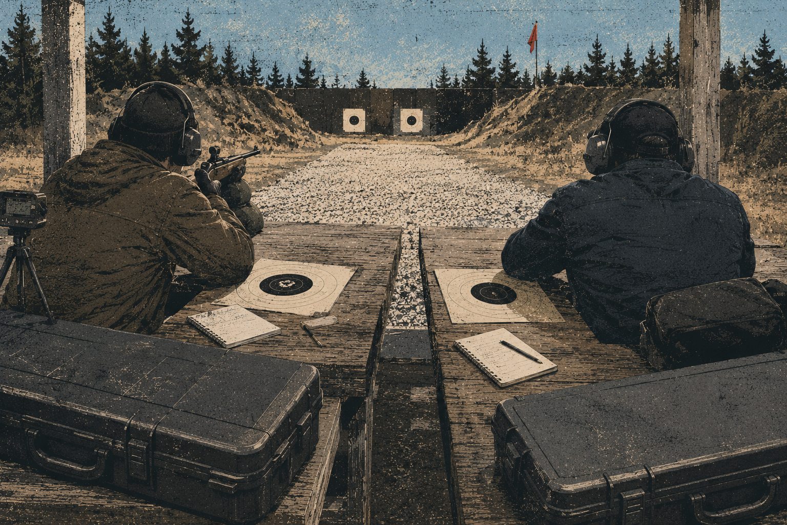 Two anonymous shooters at adjacent Canadian range benches with target cards, notebooks, and closed rifle cases.