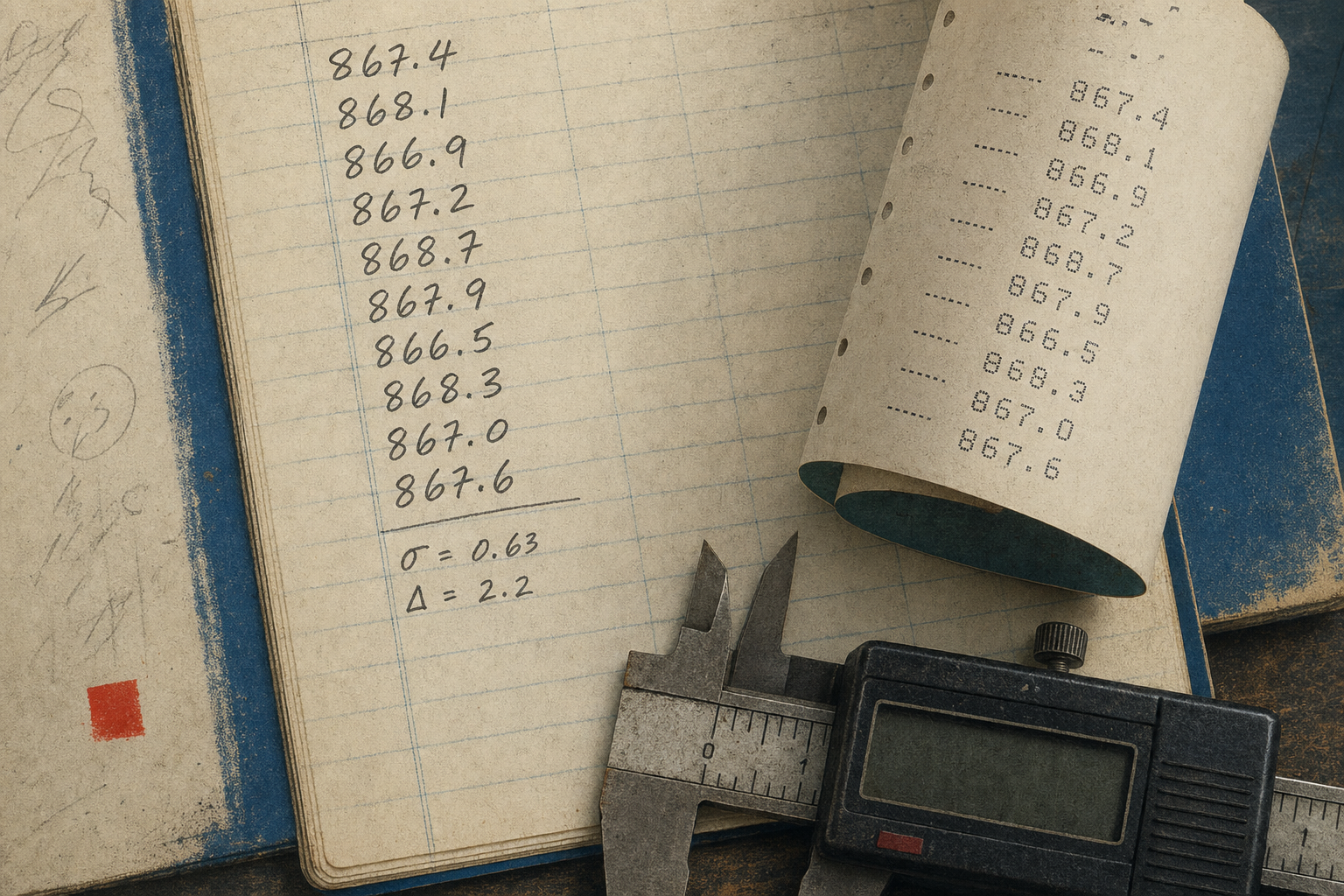 A close composition of a paper chronograph tape and an open handloading notebook page showing handwritten velocity data, a digital caliper resting across one corner, faint pencil notes in the margin.