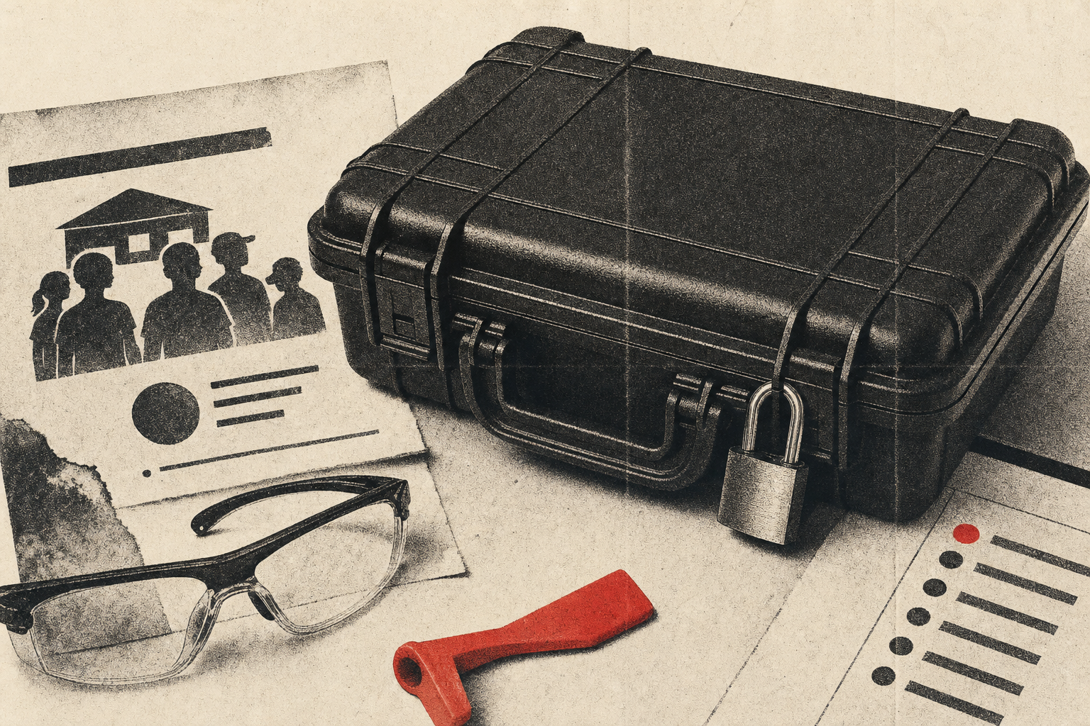 A locked non-transparent case, youth club notice, and training gear on cream paper.