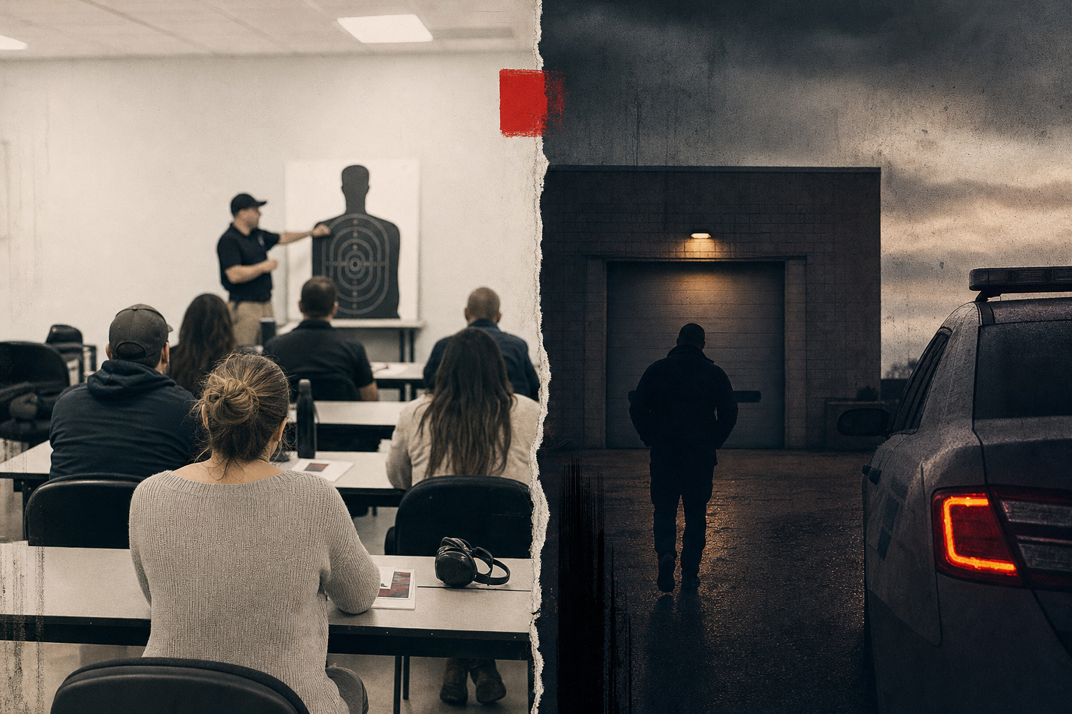 A split editorial scene contrasting a well-lit lawful classroom path with a dim unresolved enforcement path.
