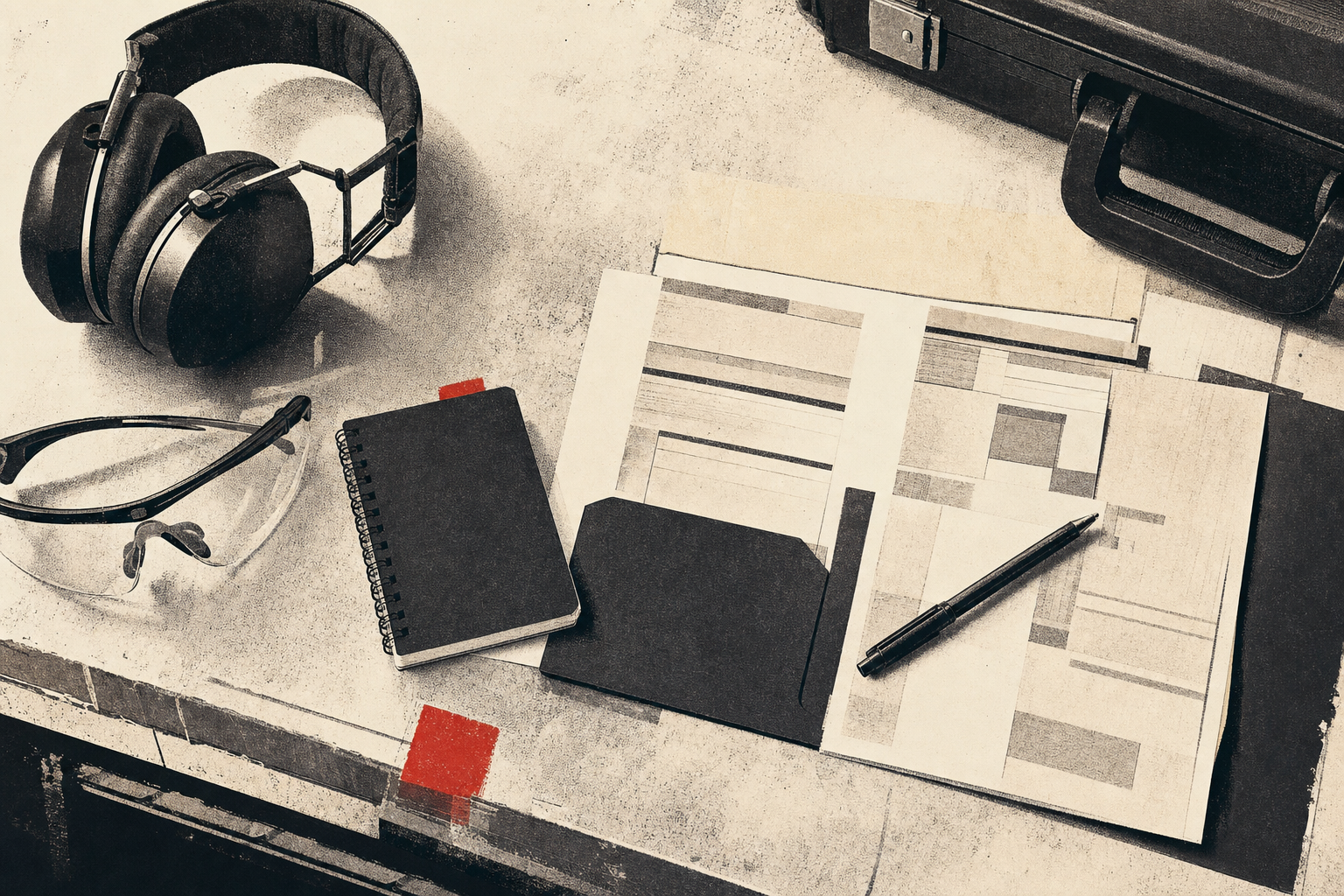 A newer shooter's table with hearing protection, notebook, receipt folder, and transfer paperwork.