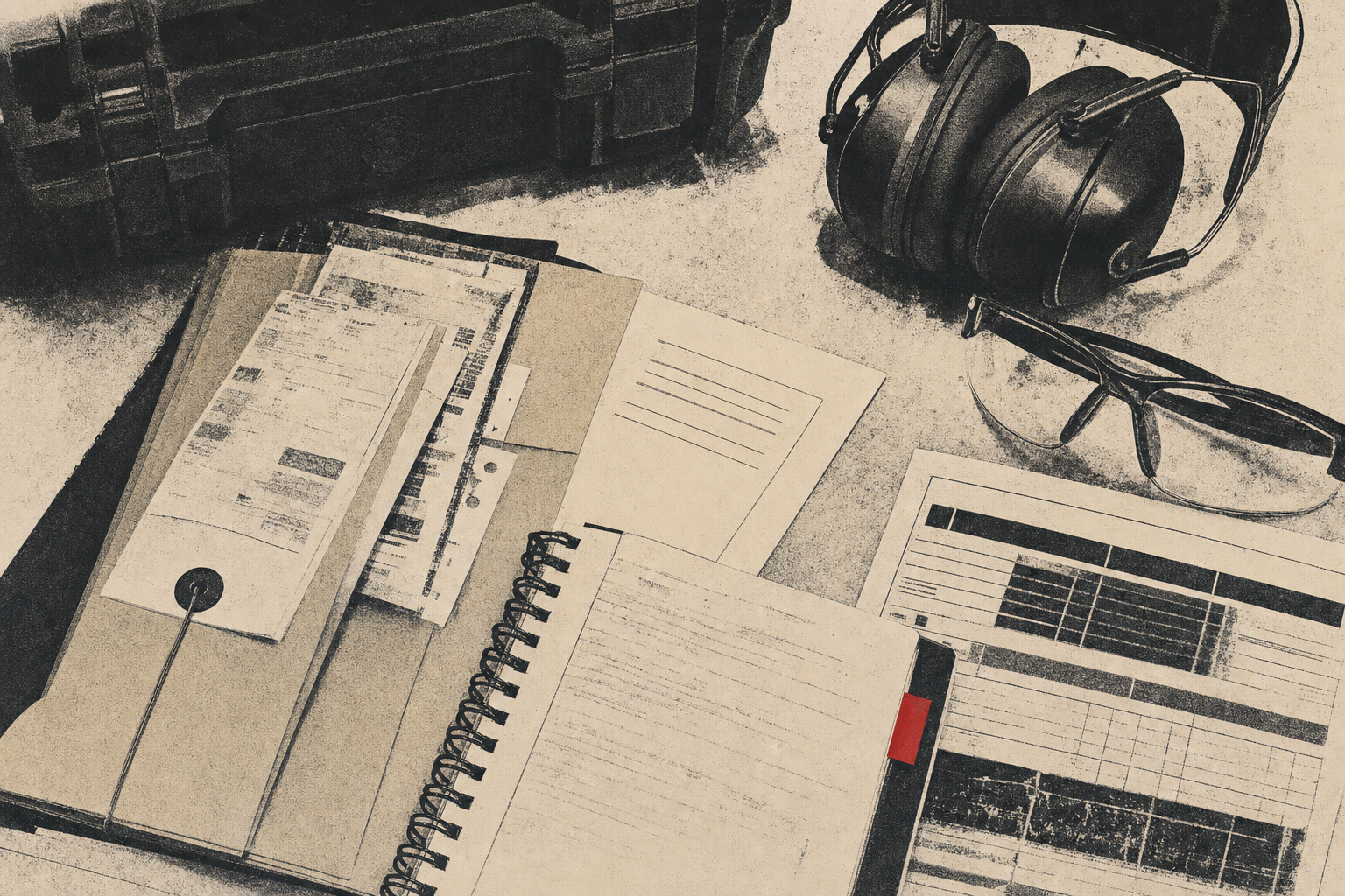 A newer shooter's records table with receipts, licence notes, notebook, FRT printout, and range gear.