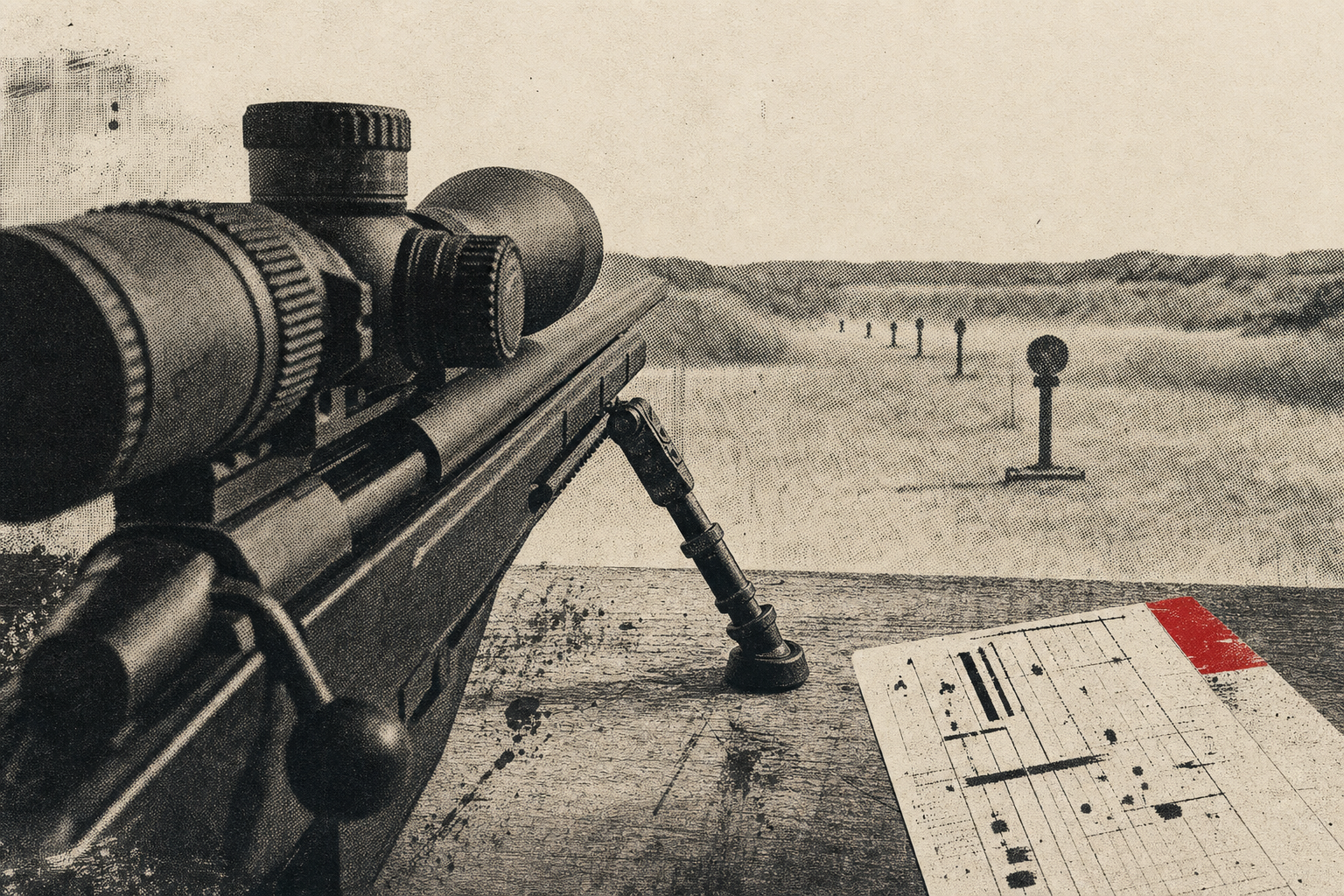 A Vortex-style 5-25 optic, range card, bipod feet, and distant steel lane rendered in the Holdover visual register.
