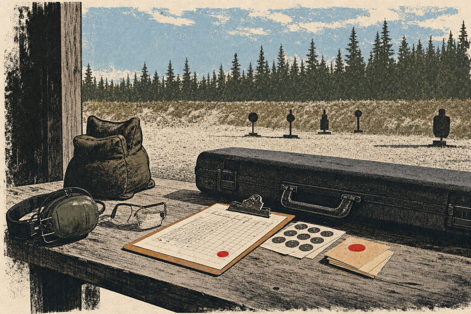 A Canadian rimfire precision range bench with hearing protection, score clipboard, steel targets, and a closed case.