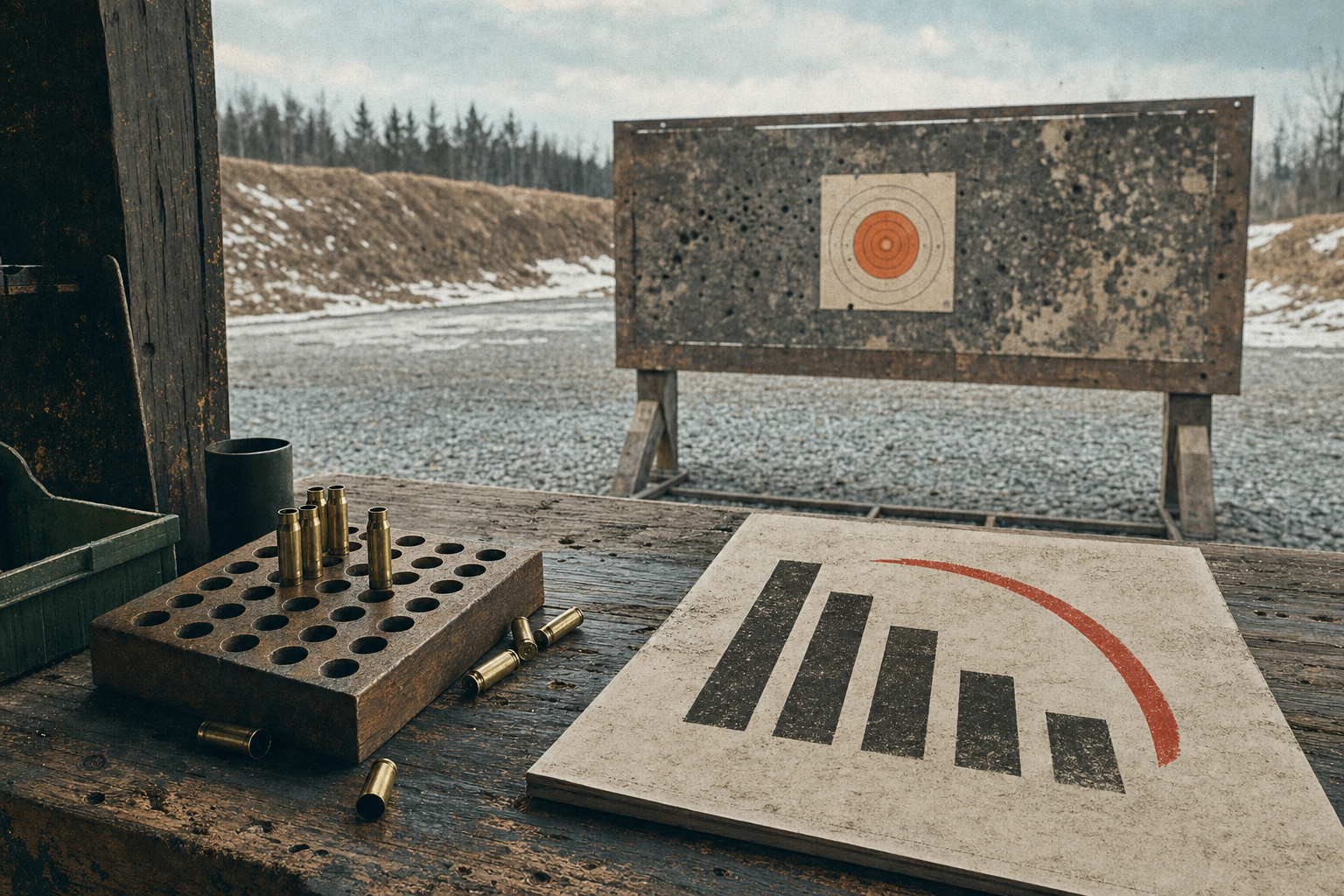 Canadian range bench with target backer, loading block, and an abstract savings chart.