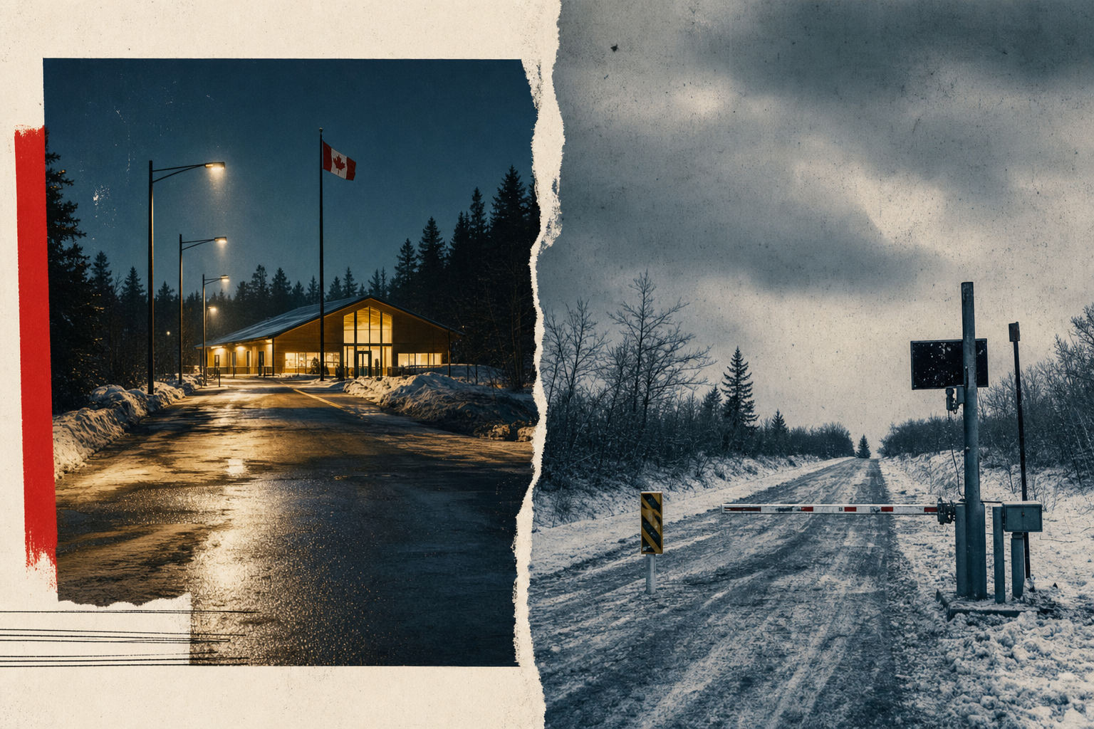 Two contrasting Canadian routes: a lit club access road and a darker border road in winter.