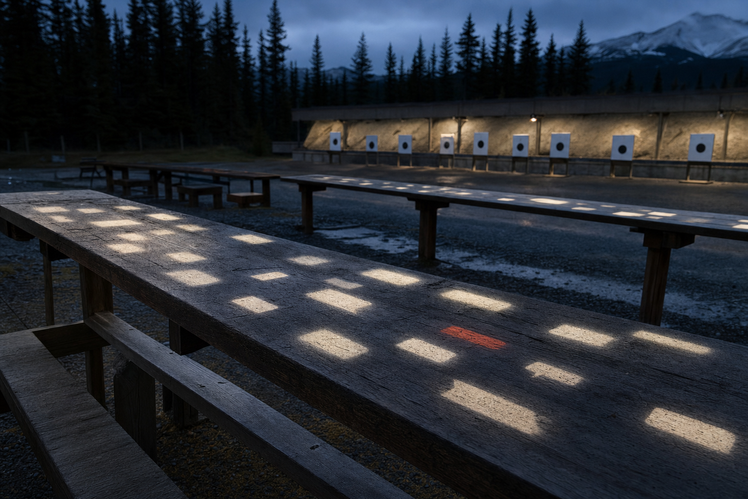 A quiet outdoor range at dusk with abstract comment-like light marks reflected across empty benches.