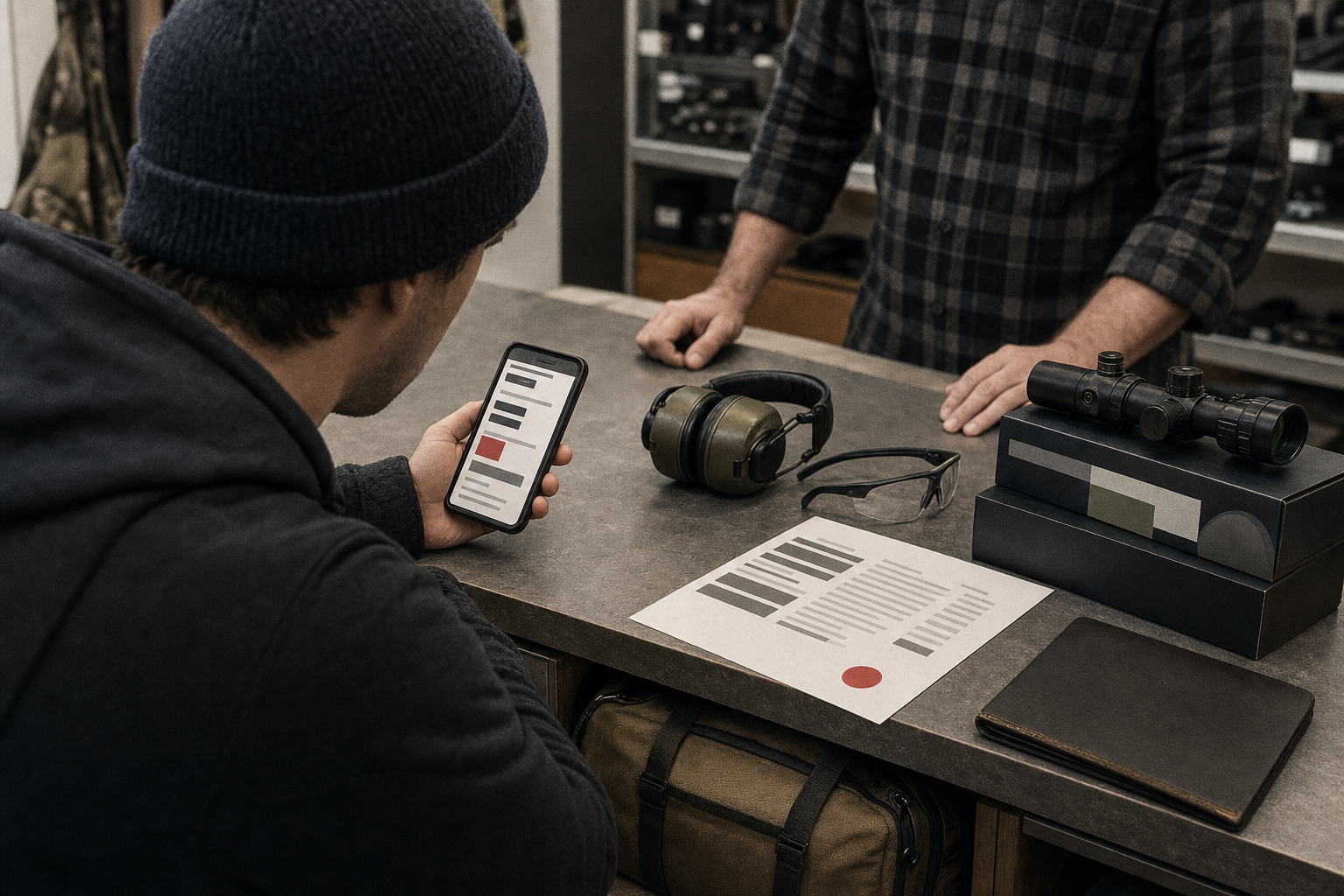 A newer Canadian shooter at a retailer counter checking classification material before buying gear.