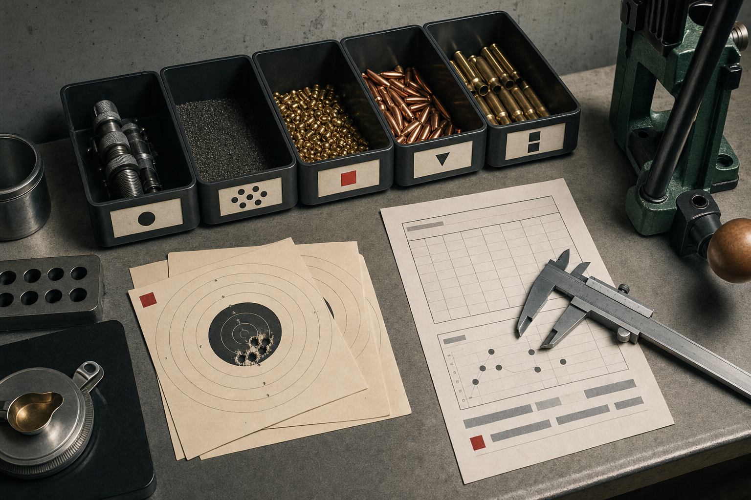 A precision reloading bench corner with labelled process trays, calipers, target cards, and a data sheet with no readable load data.