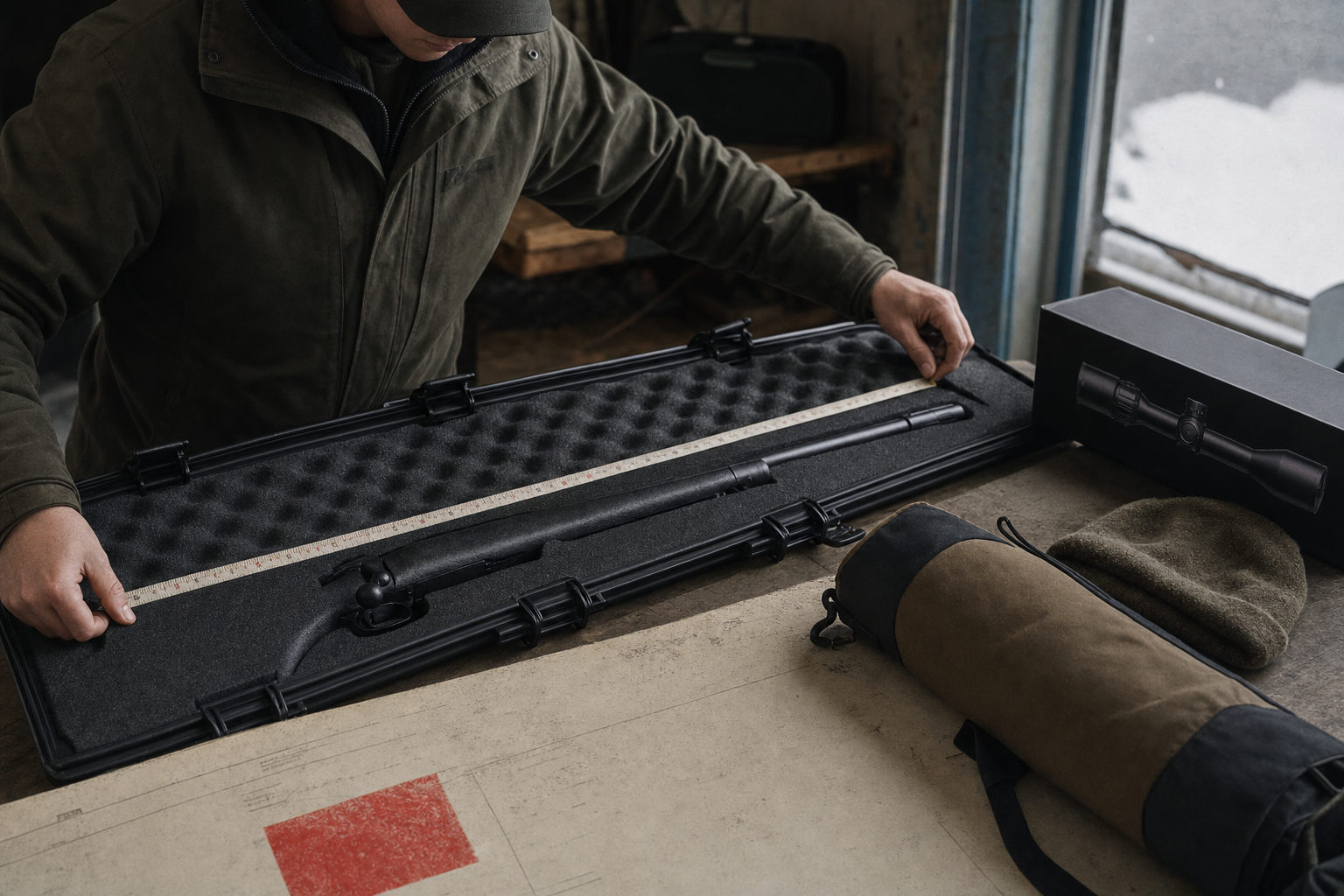 A newer Canadian shooter preparing range gear with a measured rifle-case length, optic box, and quiet classification cues.