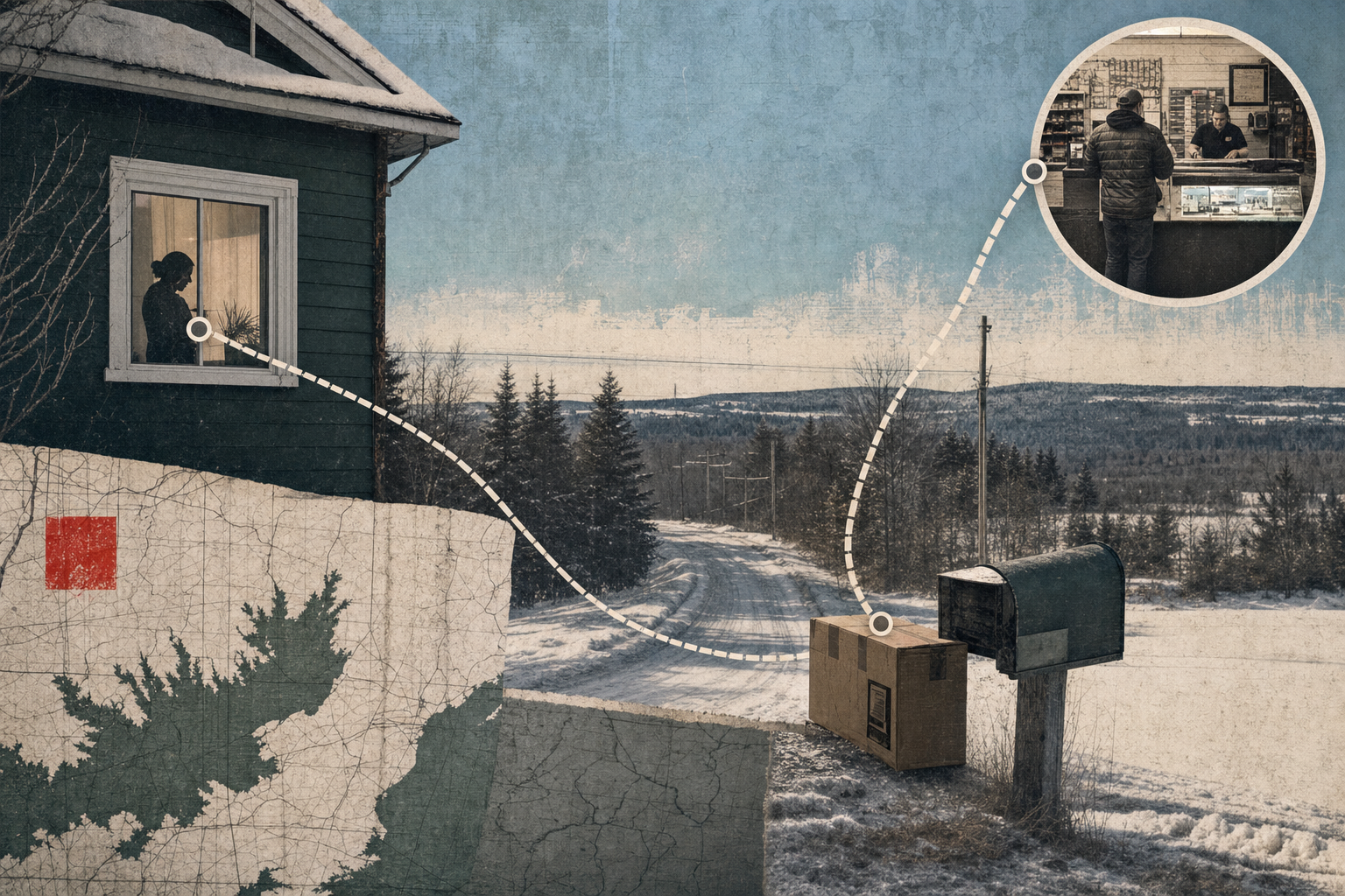 A rural Canadian parcel route shown as an abstract firearm-retail access path.