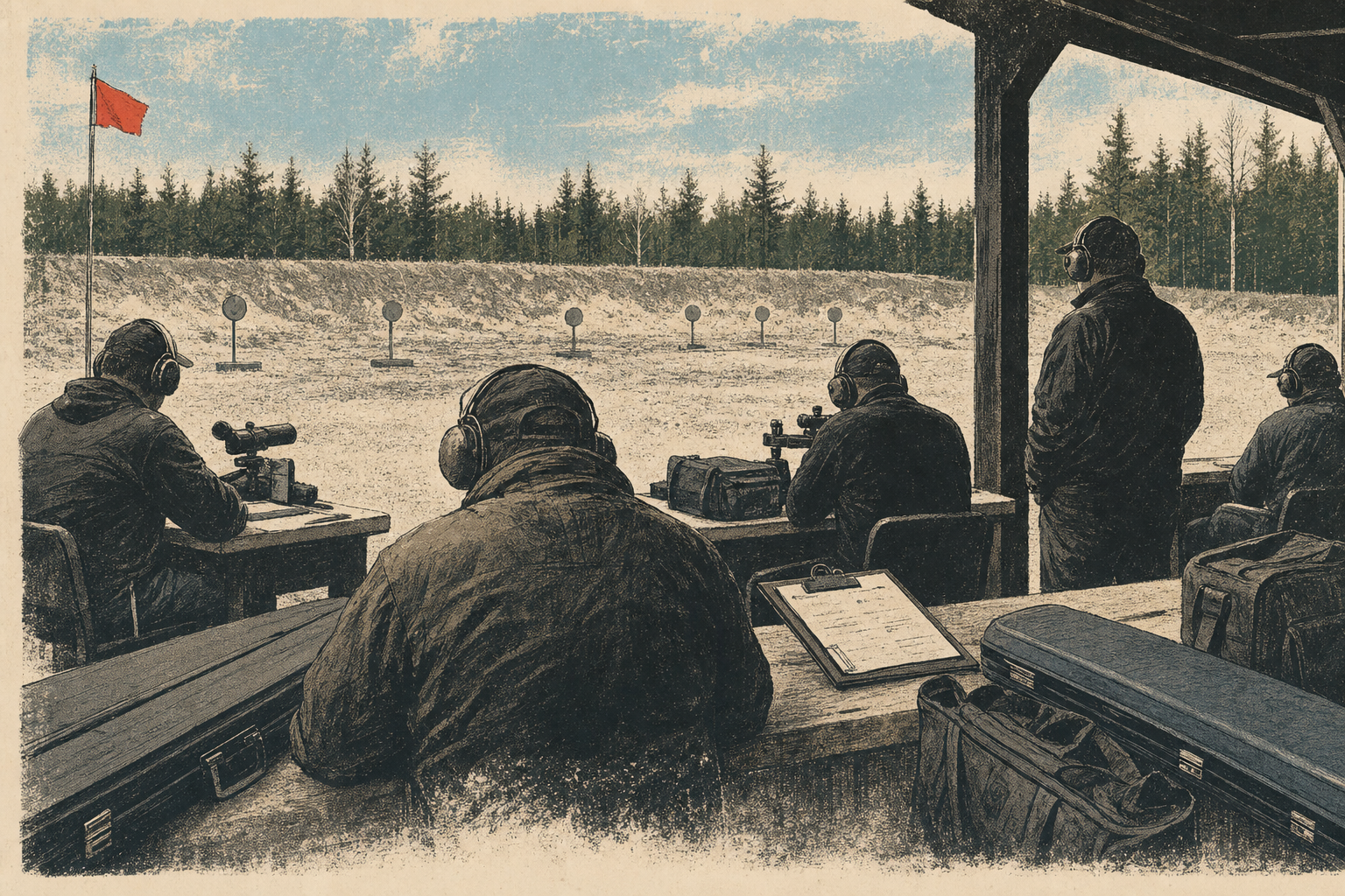 A Canadian club range with anonymous rimfire shooters, closed cases, score clipboards, and distant steel targets.