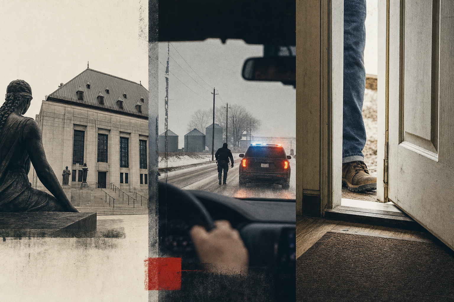 A split image of court record, police-resource path, and lawful owner threshold.