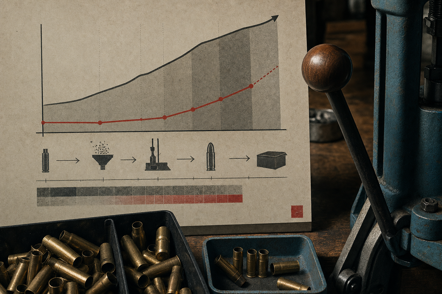 An abstract practice-volume and bench-cost diagram beside empty brass and a press handle.